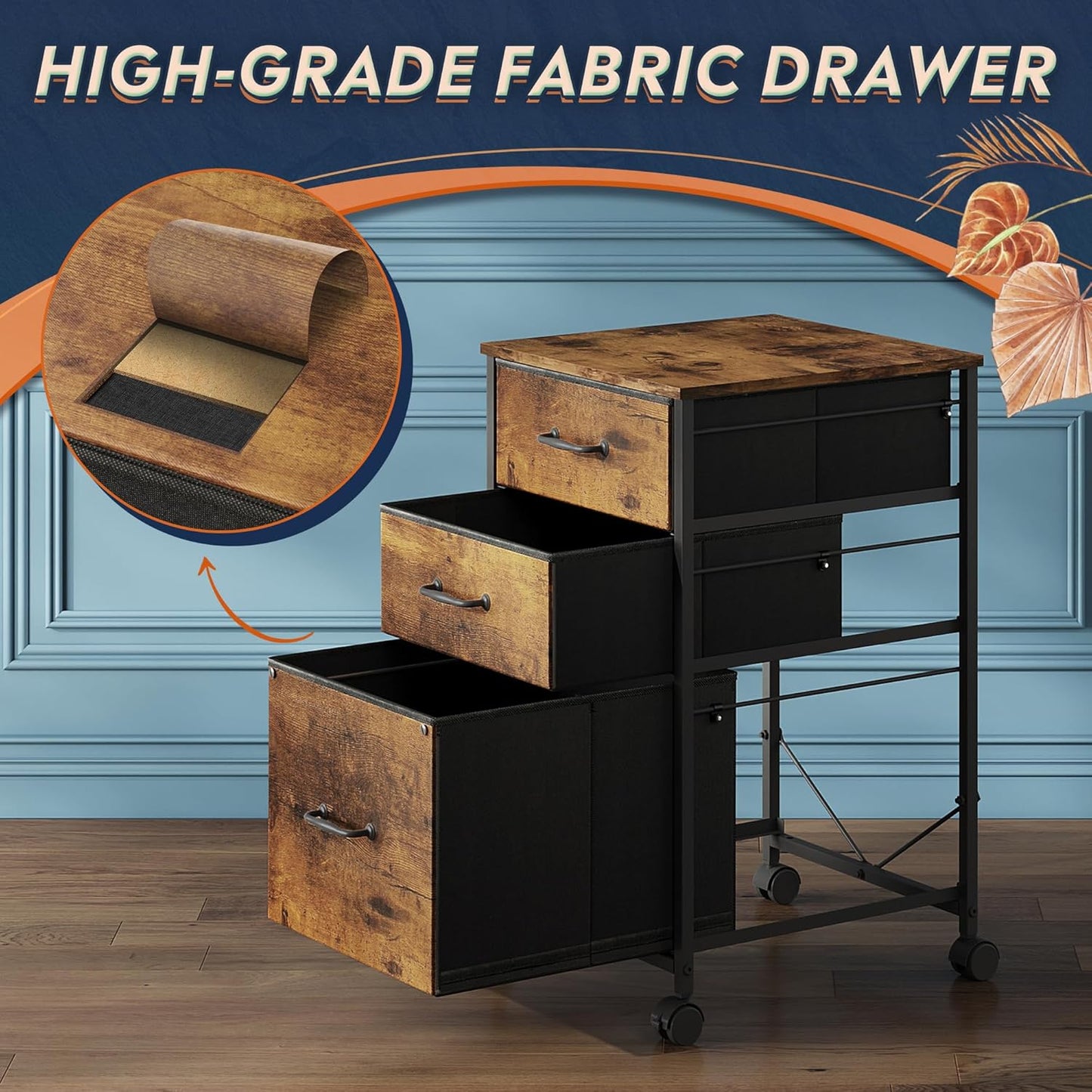 DEVAISE Mobile File Cabinet, Rolling Printer Stand with 3 Drawers, Fabric Vertical Filing Cabinet fits A4 or Letter Size for Home Office, Rustic Brown Wood Grain Print