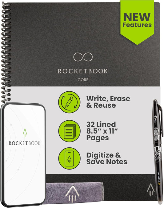 Rocketbook New Core Reusable Spiral Notebook, Letter Size 8.5x11, Black - Lined Pages, App-Connected, Erasable, Durable Cover, Ideal for School, Work, and Creative Projects