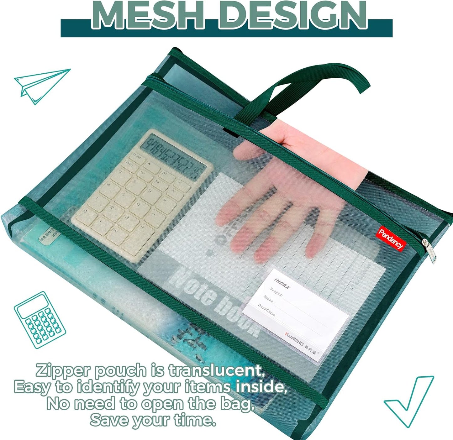 Pendancy Mesh Zipper Pouch A4 Size, Large Double Pocket Lightweight Nylon Transparent File Bag with Handle, 11x13.8 in Foldable Document Storage for Puzzle Project/Cross Stitch/Travel/Office (Green)