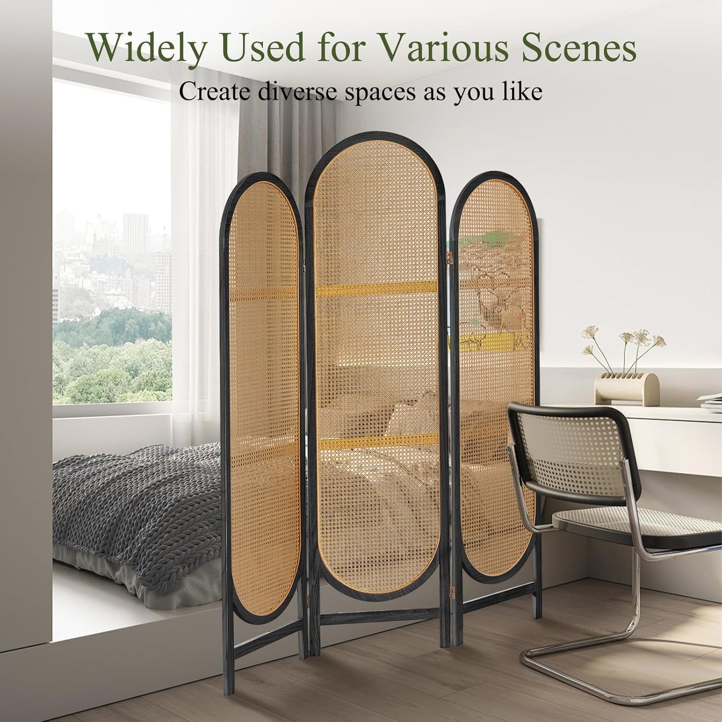 Room Divider Panel, 3 Panel Roomdivider Wall, Wood Room Dividers and Folding Privacy Screens, Rattan Partition Room Dividers, Privacy Dividers for Rooms, Bedroom, Dining Room, Black