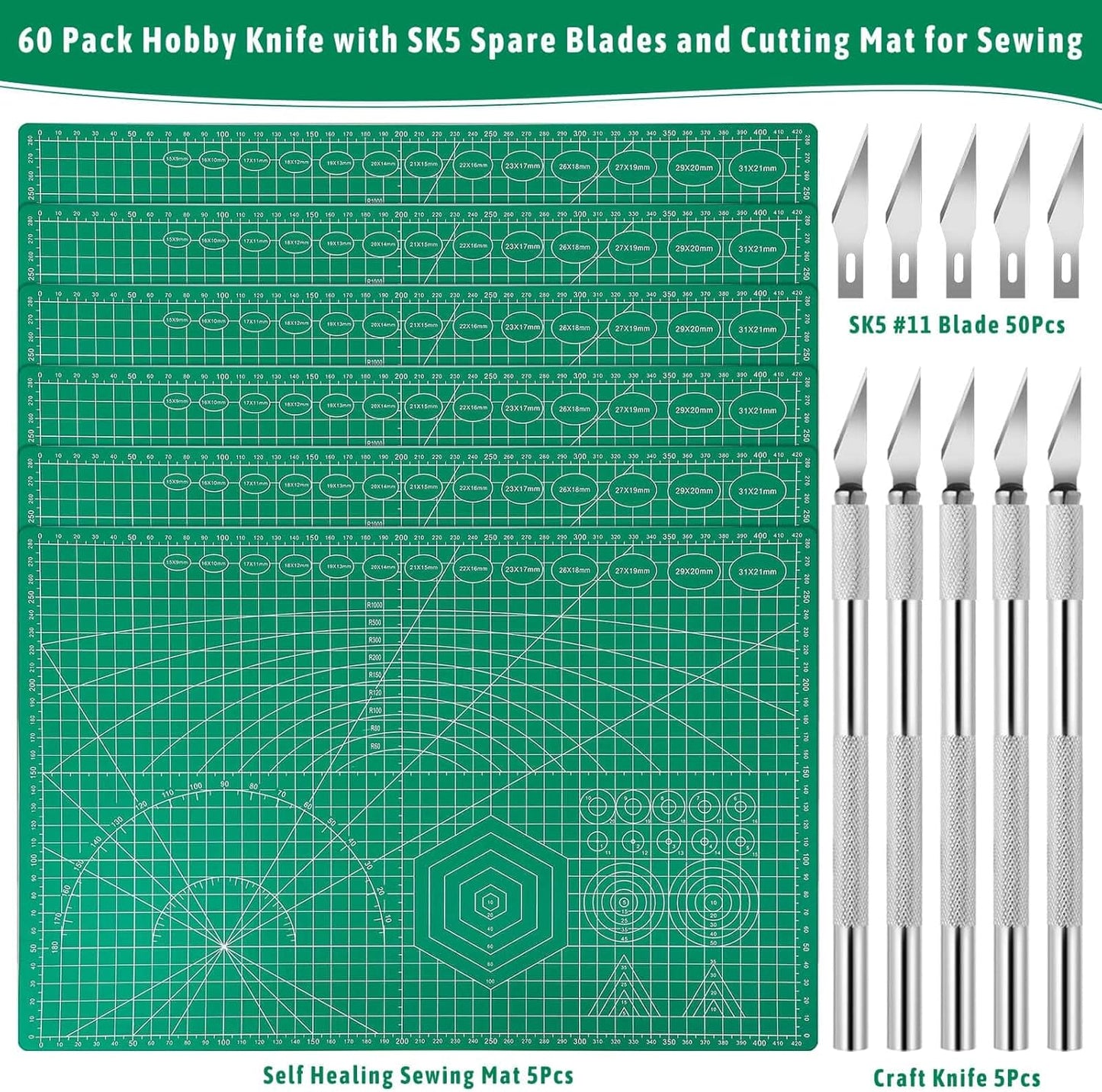 5 Pack Self Healing Cutting Mats and Exacto Knife Set, Sewing Mats with Precision Cutters and Extra 50Pcs SK5 Steel Blade 12" x 18" Work Mat for Crafts, Scrapbooking and Quilting
