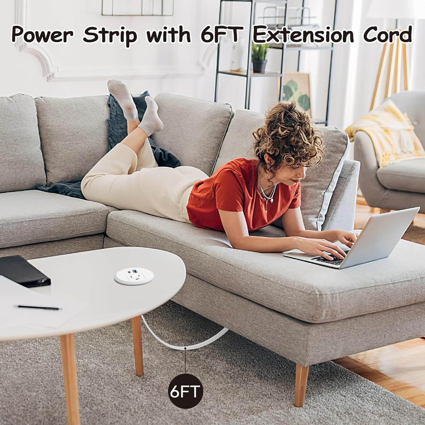 XBA 2inch Desktop Power Grommet, Recessed Power Strip with PD 20W USB C, AC Outlet and 18W USB A Charging Port, Hidden Desk Power Outlets with 6FT Extension Cords for Office, Home, Conference(White)