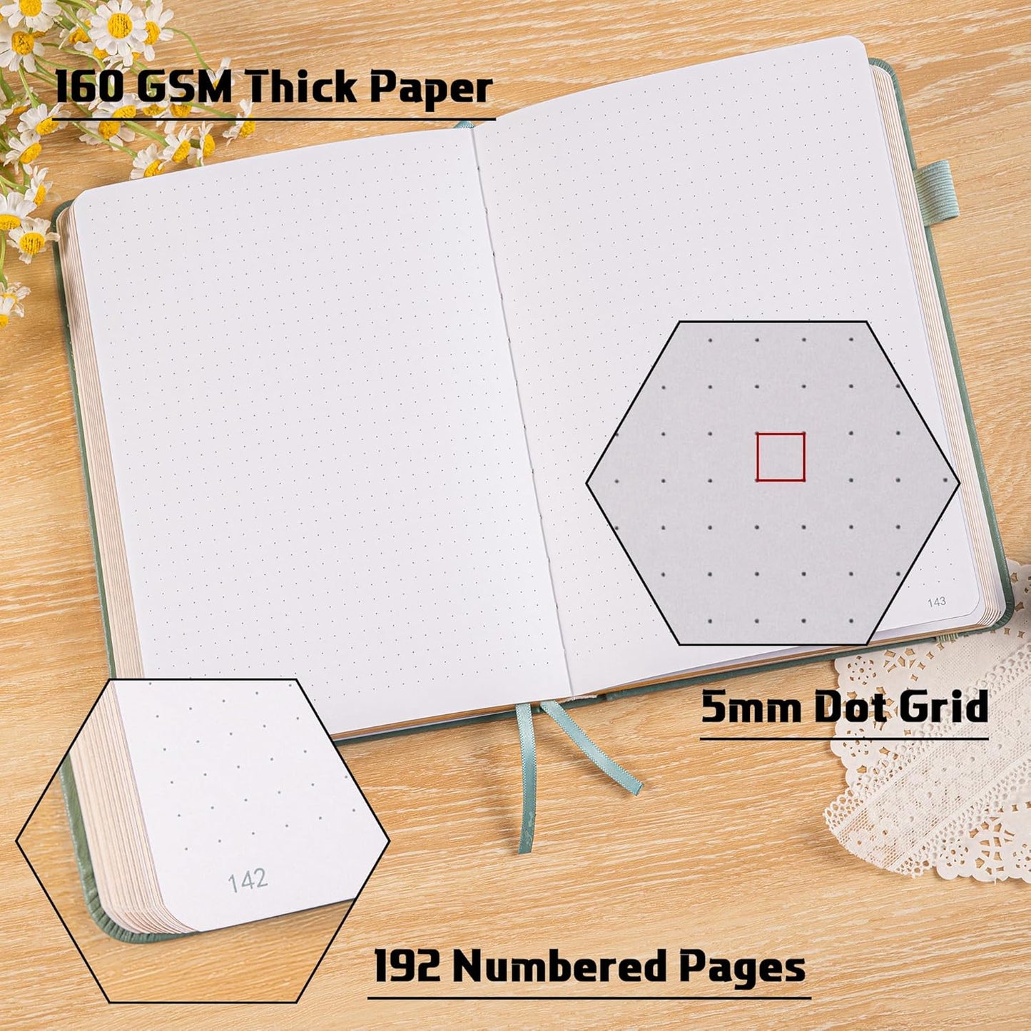 TIEFOSSI Bullet Dotted Journal Notebook, 160gsm 256 Numbered Thick Paper, A5 Hardcover Dotted Grid Diary for Women Men Work Writing, Bullet dot Journaling, Drawing, 5.8 x 8.3 in