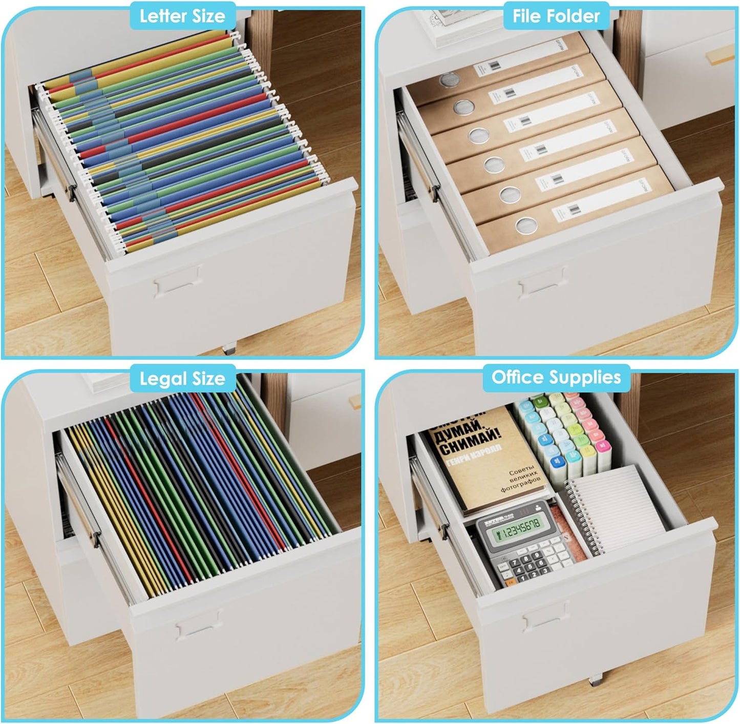 Aobabo 2 Drawer File Cabinet, Lockable Metal Filing Cabinet with Wheels for Home Office, Legal/Letter Size, Required Assembled,White