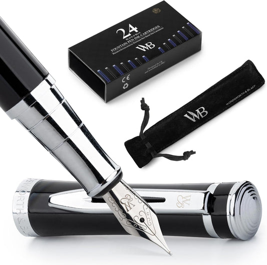 Wordsworth & Black Fountain Pen Set, Medium Nib, Includes 24 Pack Ink Cartridges, Ink Refill Converter & Gift Pouch, Chrome Finish, Calligraphy, [Black Chrome], Perfect for Men & Women