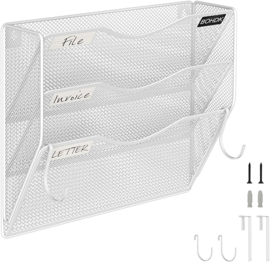 Wall File Organizer, 3 Tire Hanging File Folder Mail Organizer, Vertical Mesh Metal Door/Wall Mount Hanging File Organizer, Paper Document Magazine Rack with Hooks for Home Office White