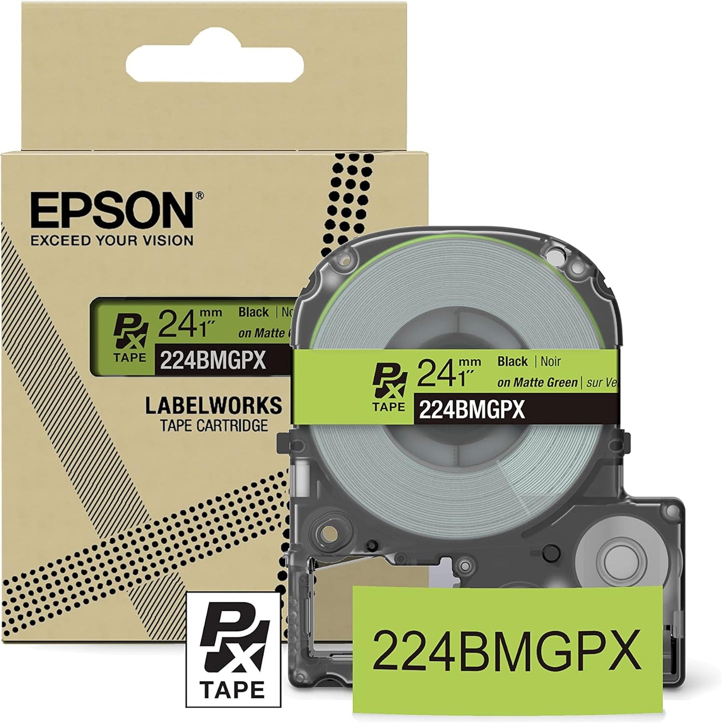 Epson LABELWORKS 224BMGPX Genuine PET (Polyester) Tape Cartridge - Black on Matte Green Designer Craft Label Maker Tape - 1" (24MM) Wide, 26'