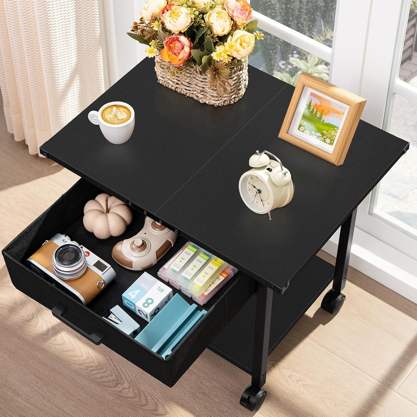 Lerliuo Under Desk Rolling Printer Stand with Drawer, 2-Tier Industrial Mobile Printer Table Desk with Storage Shelf and Steel Frame, Printer Cart Holder with Lockable Wheels for Home, Office (Black)