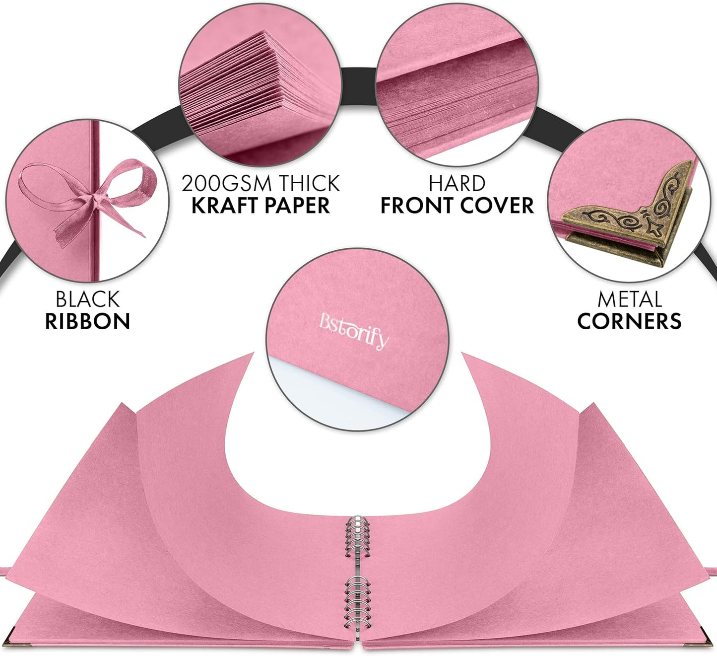 Bstorify Square Scrapbook Photo Albums 50 Pages (11 x 8.5 Inch) Pink Thick Paper, Hardcover, Ribbon Closure - Ideal for Your Scrapbooking Albums, Art & Craft Projects (Pink, 11 x 8.5 Inch)