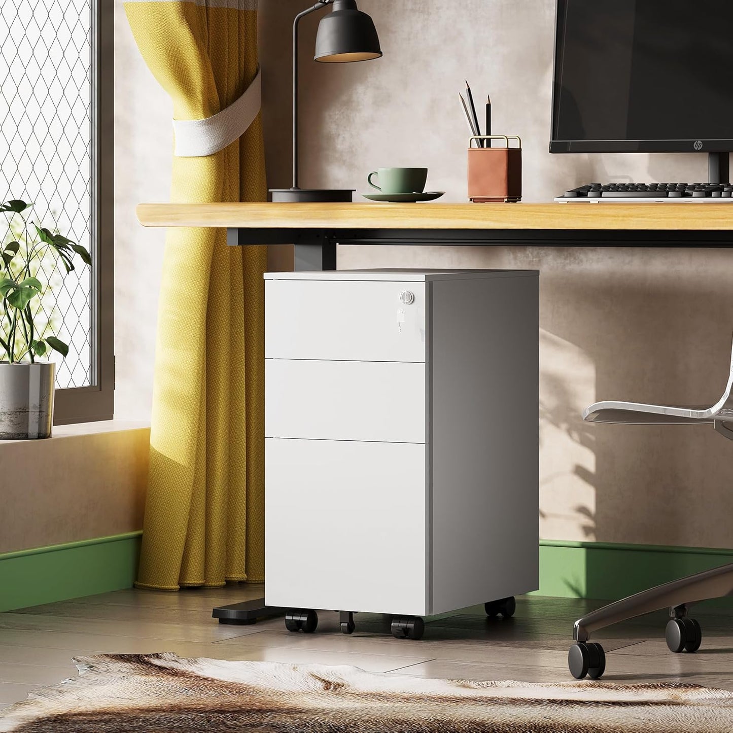 DEVAISE White File Cabinet, Small Filing Cabinet with 3 Drawers with Slim Width for Home Office, Rolling Under Desk Storage (11.8 inch)