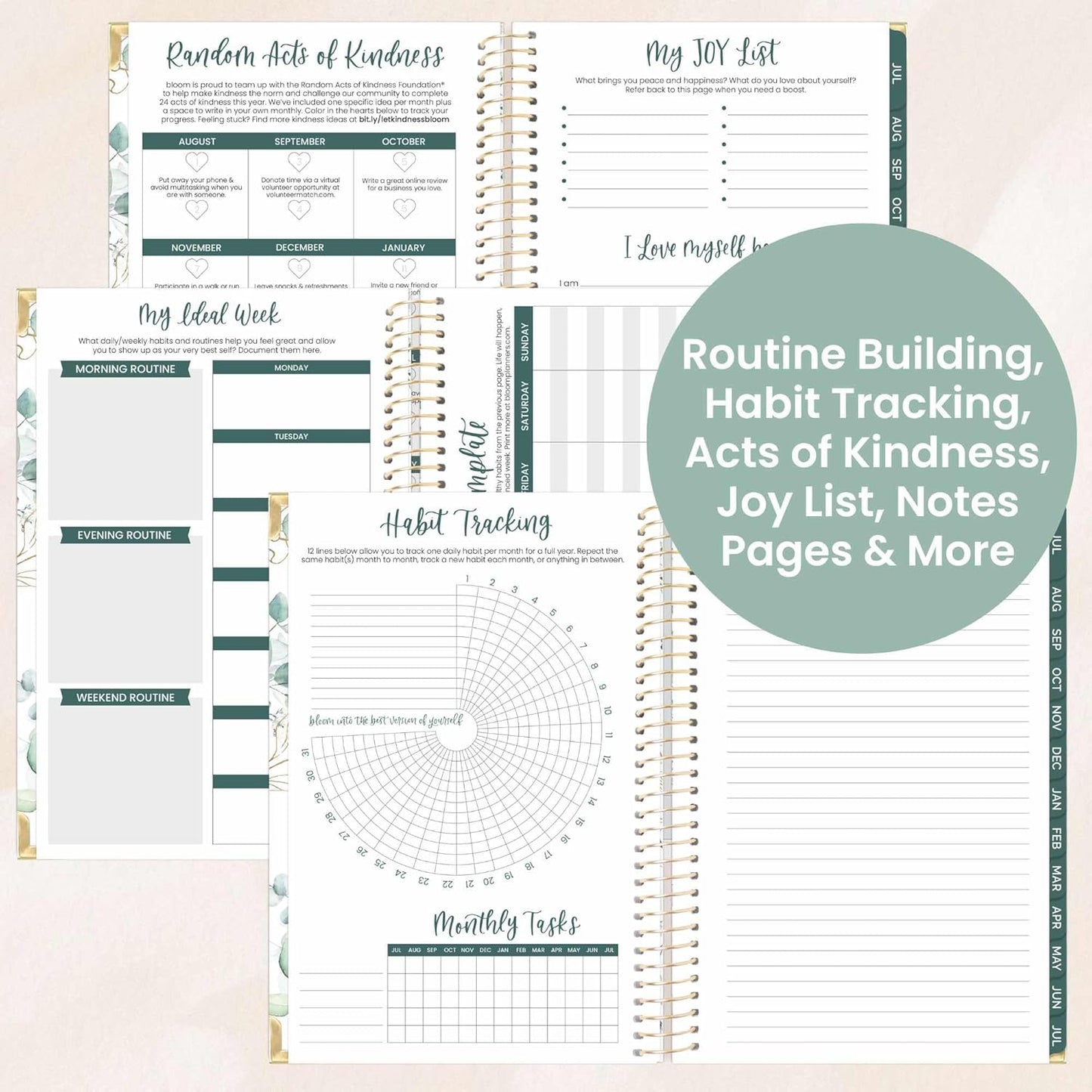bloom daily planners HARDCOVER 2025-2026 Academic Year Day Planner (July 2025 - July 2026) - A5 Task Goal Organizer - Monthly & Weekly Inspirational Agenda Book - 5.5" x 8.25" - White Eucalyptus