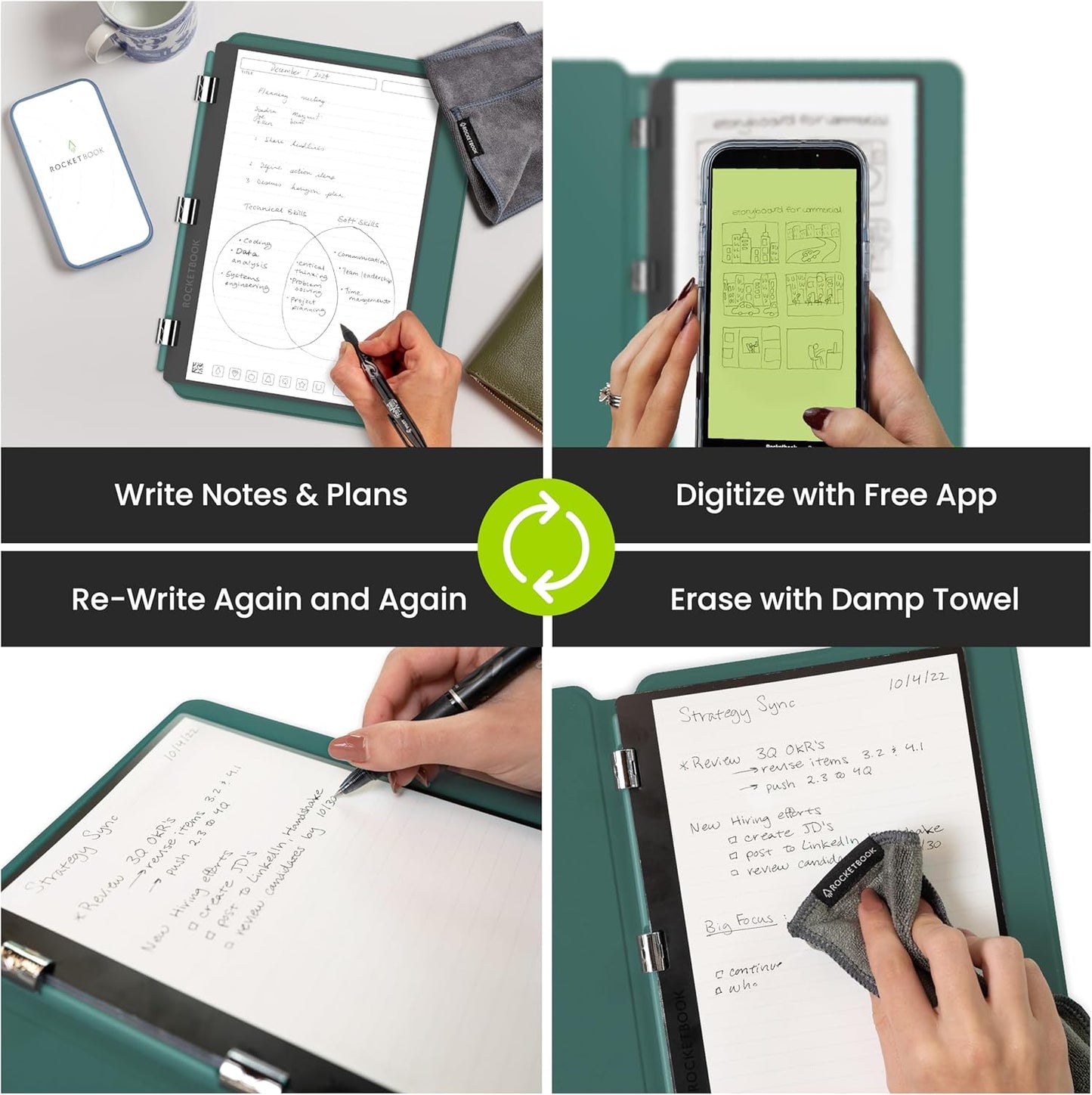 Rocketbook Pro 2.0 Reusable Professional Smart Notebook, Executive Size 7x9, Green - Lined & Dot Grid Pages, App-Connected, Erasable, Premium Cover, Ideal for Work Notes and Business Meetings