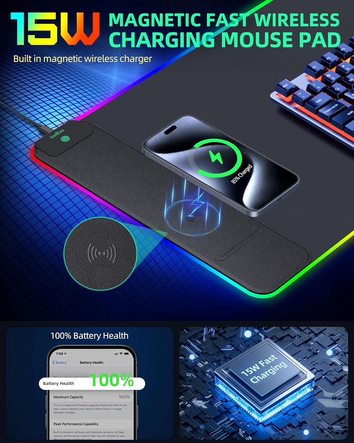 Wireless Charging Mouse Pad, RGB Gaming Desk Mat, 31.5"x15.7" Large XXL Desk Pad, 15 Lighting Modes, Ultra-Smooth Surface, Non-Slip Mouse Mat, Waterproof Computer Keyboard Pad for Desk, Office, Black