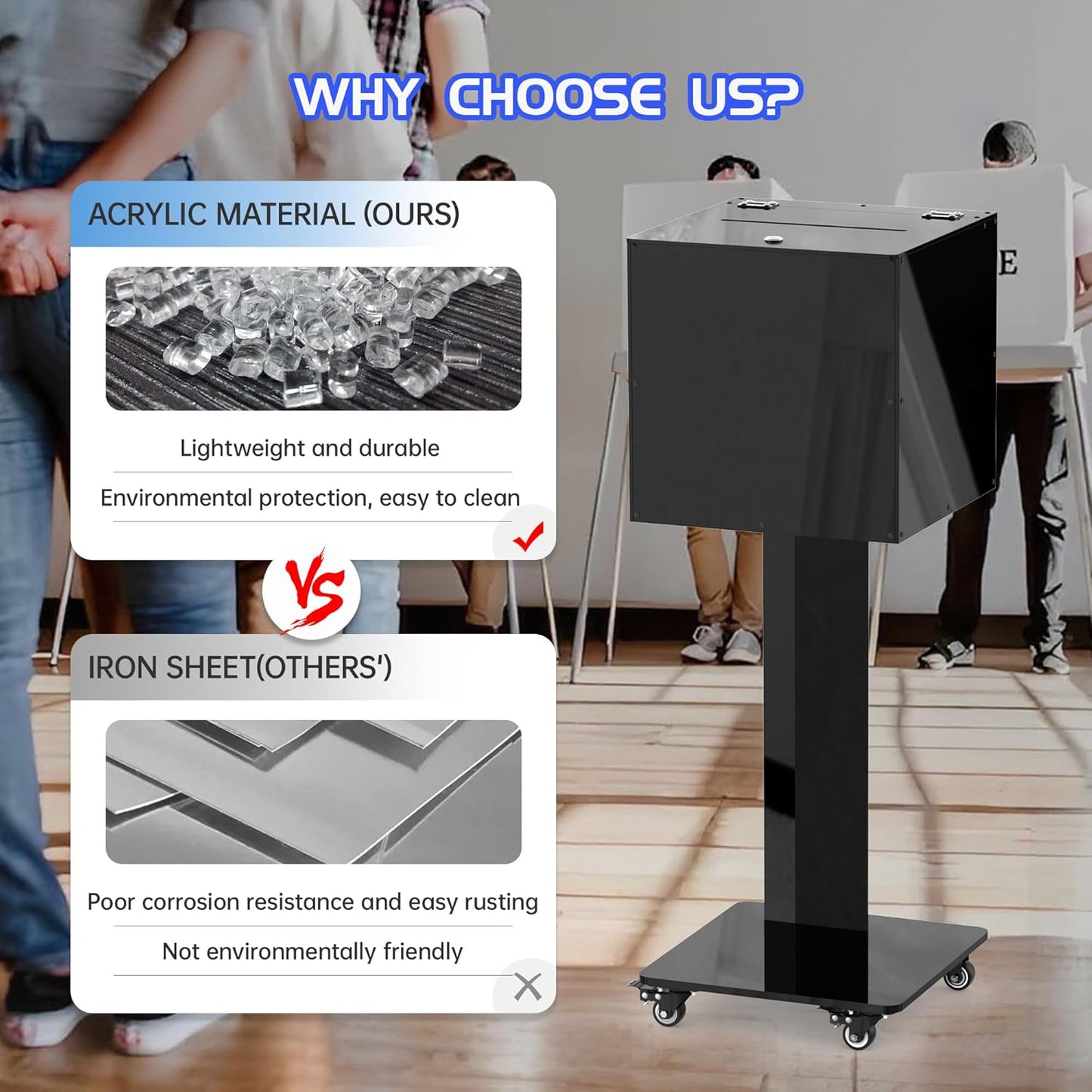 Acrylic Locking Donation Box with Stand and Wheels – Secure Suggestion Box for Fundraising, Voting, Charity Events, Schools & Churches