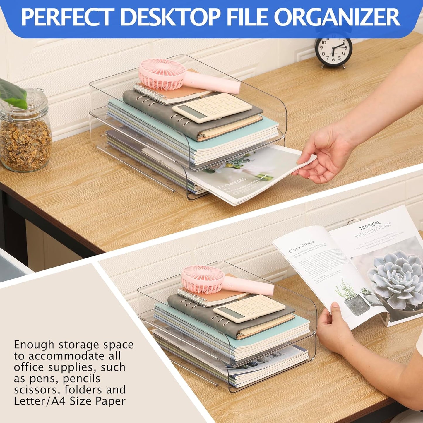 Set of 2 Desk Letter Tray, Office Organization and Storage, Clear PET Letter Tray Desk Organizer, Stackable Document Organizer for Notes, Pens, File Paper