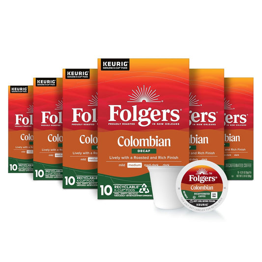 Folgers Colombian Decaf Coffee, Medium Roast, Keurig K-Cup pods, 10 Count Box (Pack of 6)