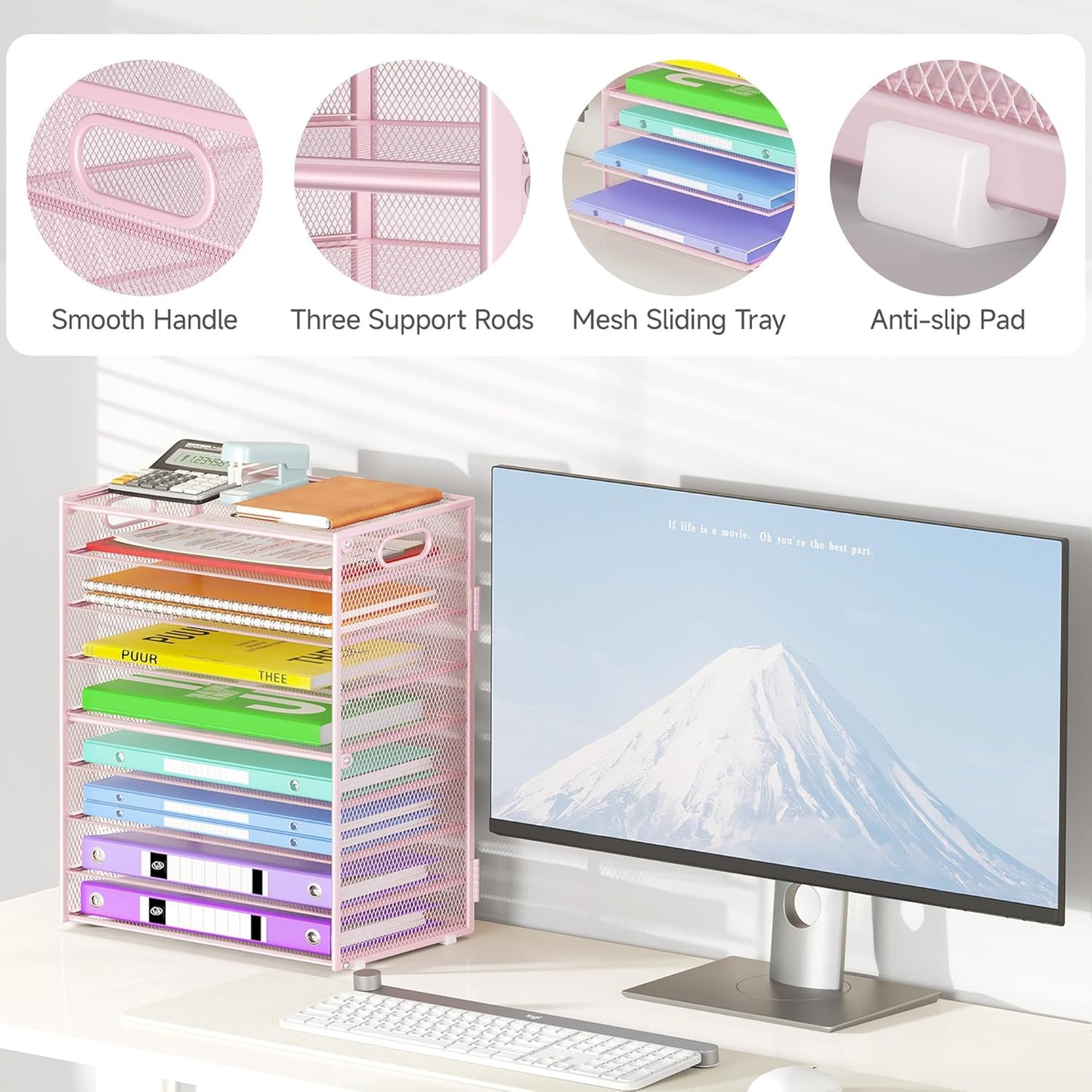 9 Tier Paper Organizer with Handle, Large Capacity Desk Organizer Mesh File Folder Letter Paper Tray Desktop Document Sorter for Classroom, School, and Office Accessories Organization- Pink