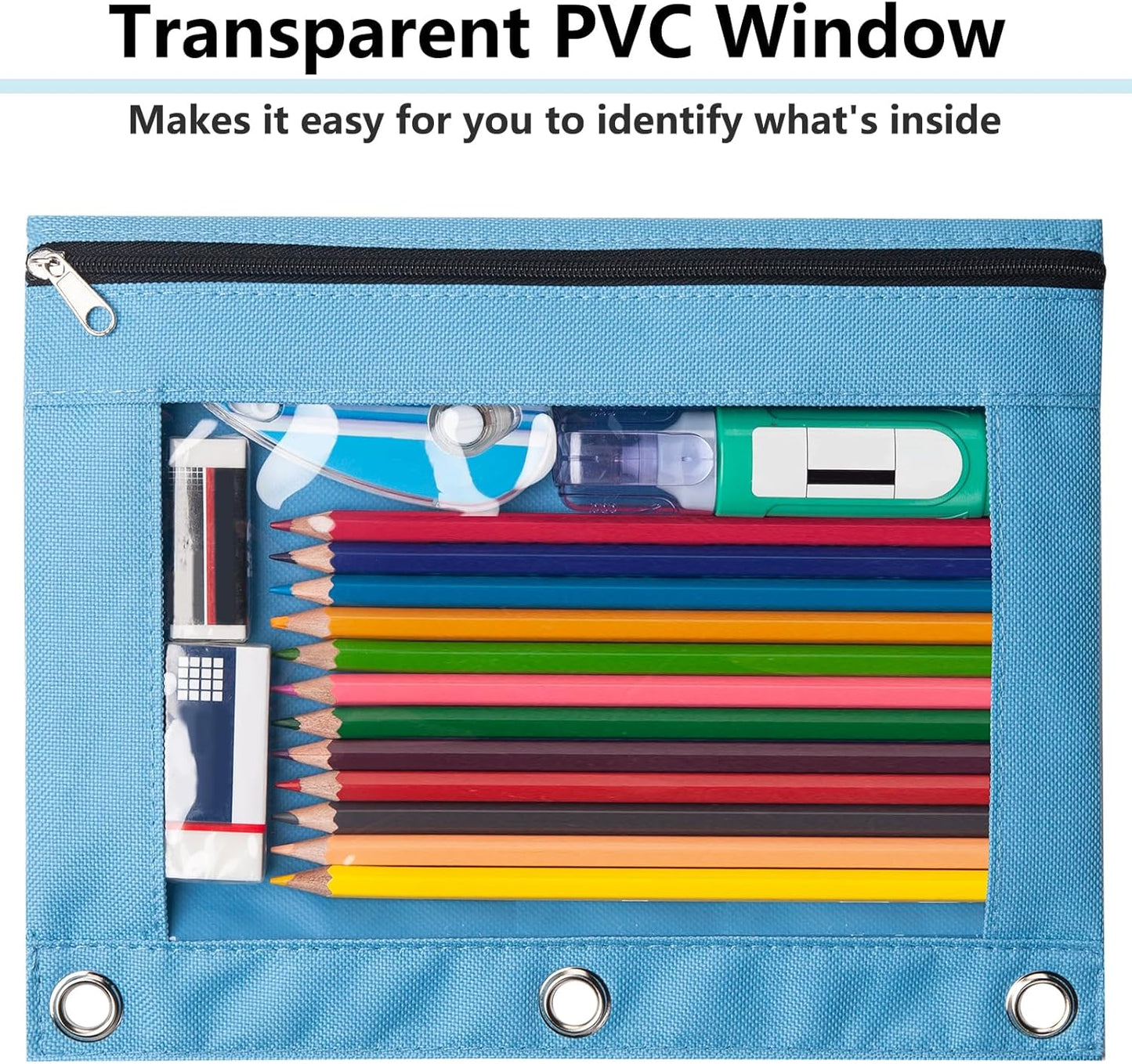 Forvencer 6Pack Pencil Pouches for 3 Ring Binder, Smooth Zipper 3 Ring Binder Pencil Pouch, Multi-Color Pencil Case for Binder, Clear Top Binder Pencil Pouch, Pencil Bag with 3 Re-enforced Grommets