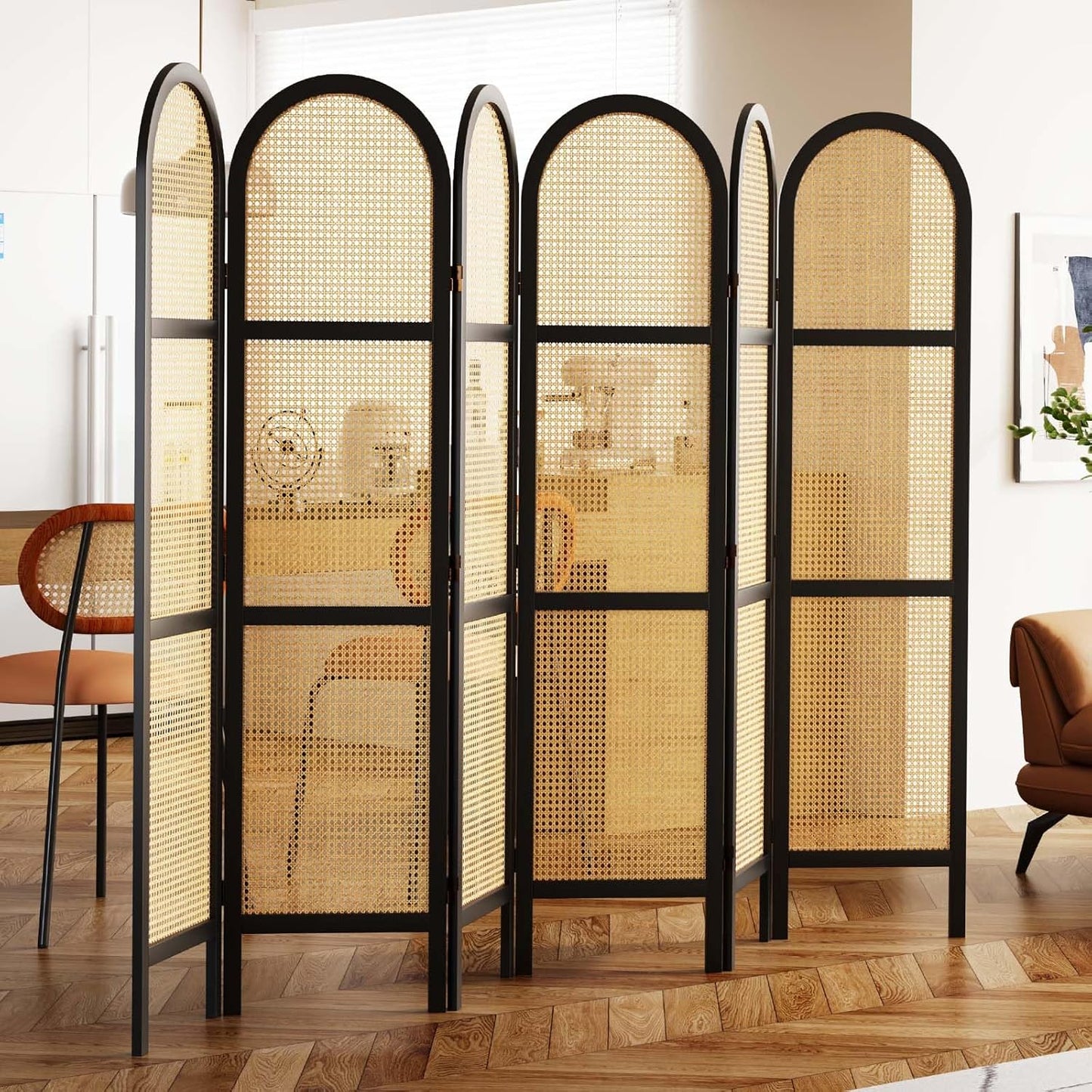 Room Dividers and Folding Privacy Screens, 5.6 Ft Double Hinged Rattan Partition Freestanding Wall Room Divider for Home - 6 Panels (Black)