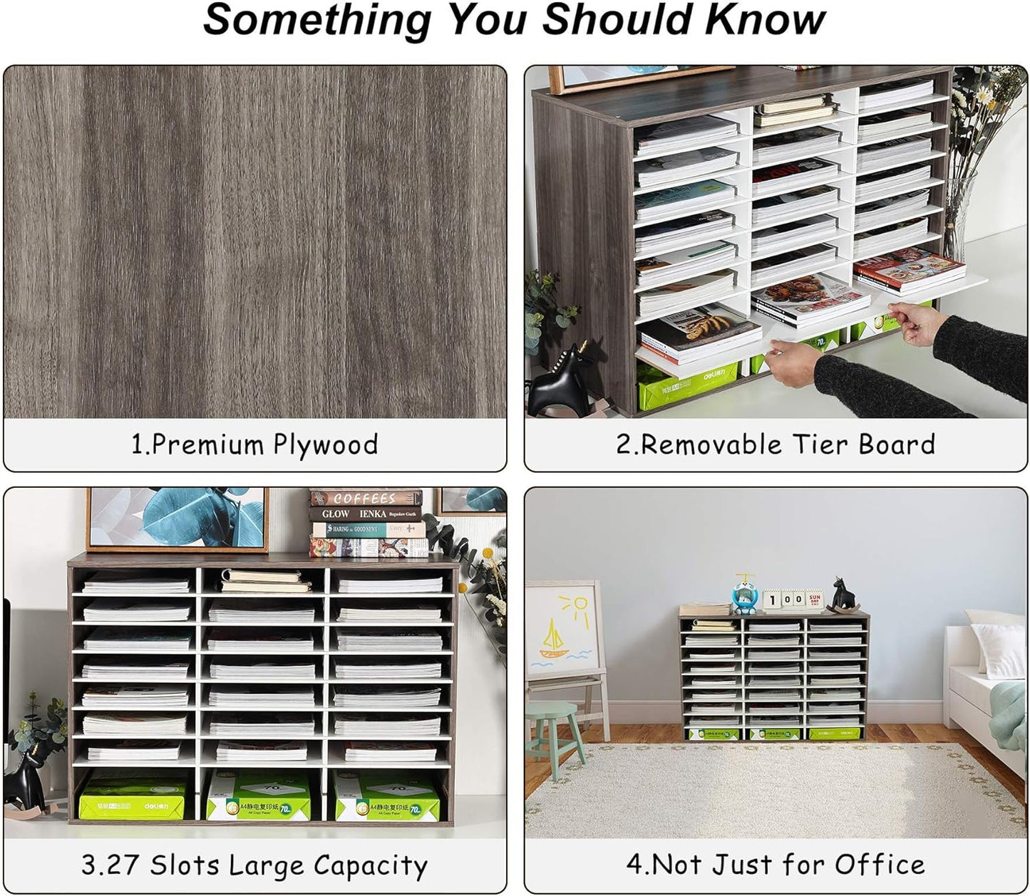 TQVAI Wood Adjustable Literature Organizer Desktop File Sorter Mail Center Paper Storage Cabinet Home & Office Mailbox School Classroom Keepers, 27 Slots Compartments, Retro Grey/White