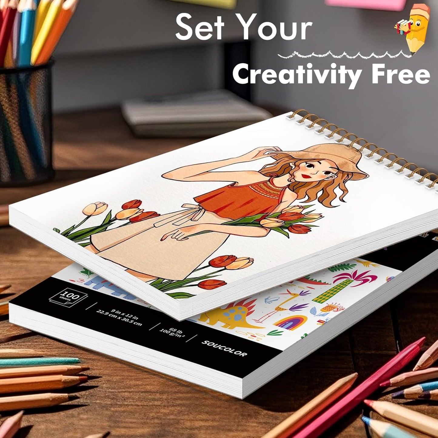 Soucolor 9" x 12" Kids Sketch Book, 100 Sheets Spiral Bound Art Sketchbook, Acid Free Artist Drawing Book Paper, Art Supplies for Adults, Craft Activities, Sketch Paper for Drawing Coloring Sketching