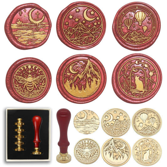 Wax Seal Stamp Kit, 6 Pcs Wax Seal Stamp Head 1 Wooden Hilt Letter Wax Seal Kit, Sealing Wax Stamp Seal Set Include Bee/Cat/Mountain/Sea/Moon Envelope Sealing Wax Stamps for Wedding Invitation