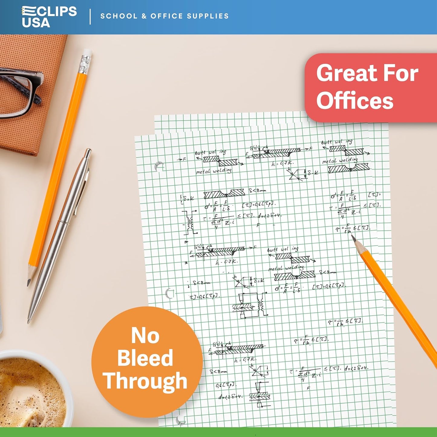 Graph Paper, Loose Leaf Graph Paper, 4 x 4 An Inch Quad Ruled Graph Paper, 10.5” x 8” Graphing Paper, 56 gsm, 150 Per Pack, 900 Sheets (6 Pack)