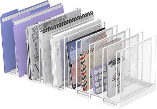 9-Section Desk File Organizer, Vertical File Holder, Mesh Desktop File Folder Metal File Organizer Stand for Office Home Classroom, White