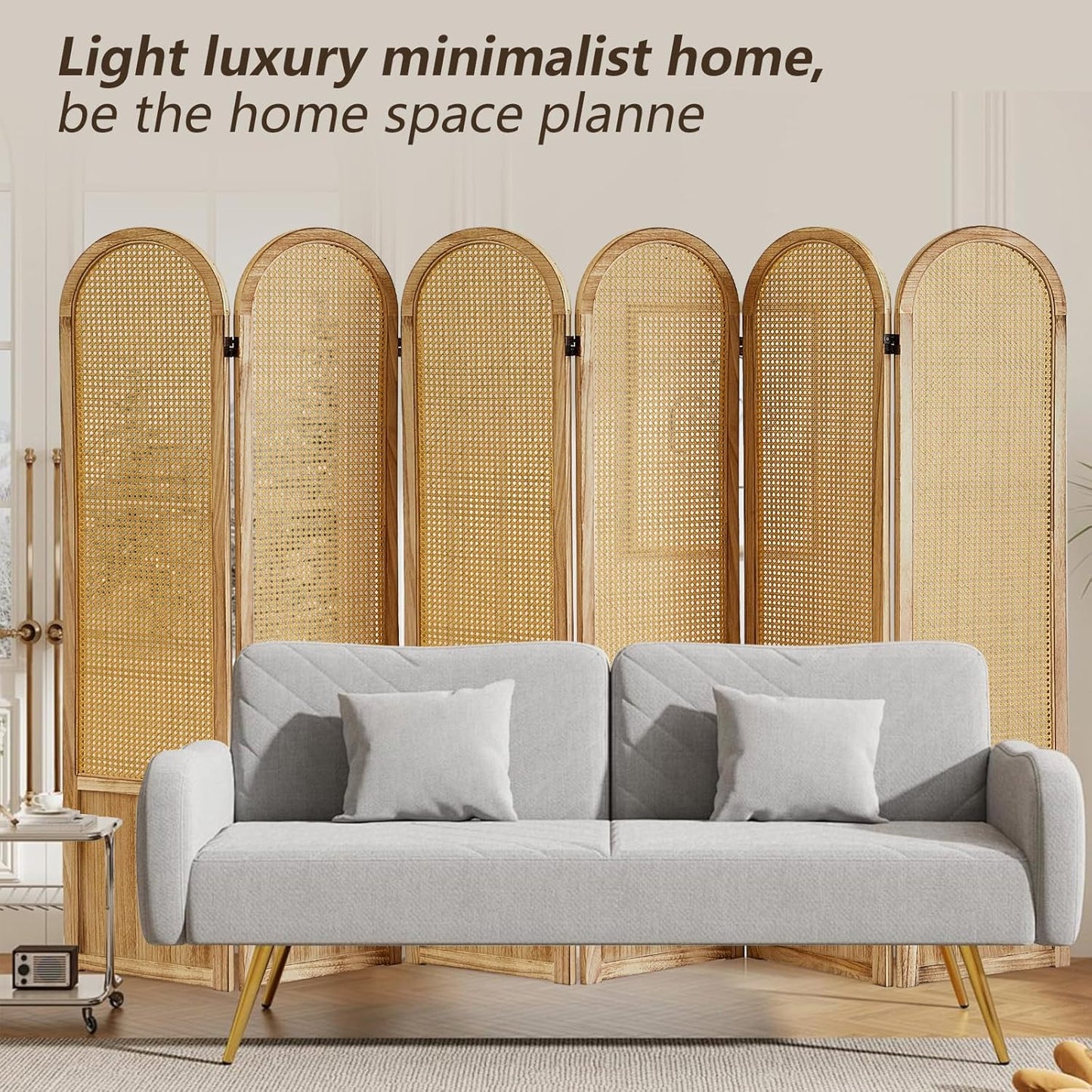 6 Panel Rattan Room Divier, Room Divider Panel and Folding Privacy Screens, Room Divider Wall, Solid Wood Frame, Partition Room Dividers, Bedroom, Lounge, Light Brown