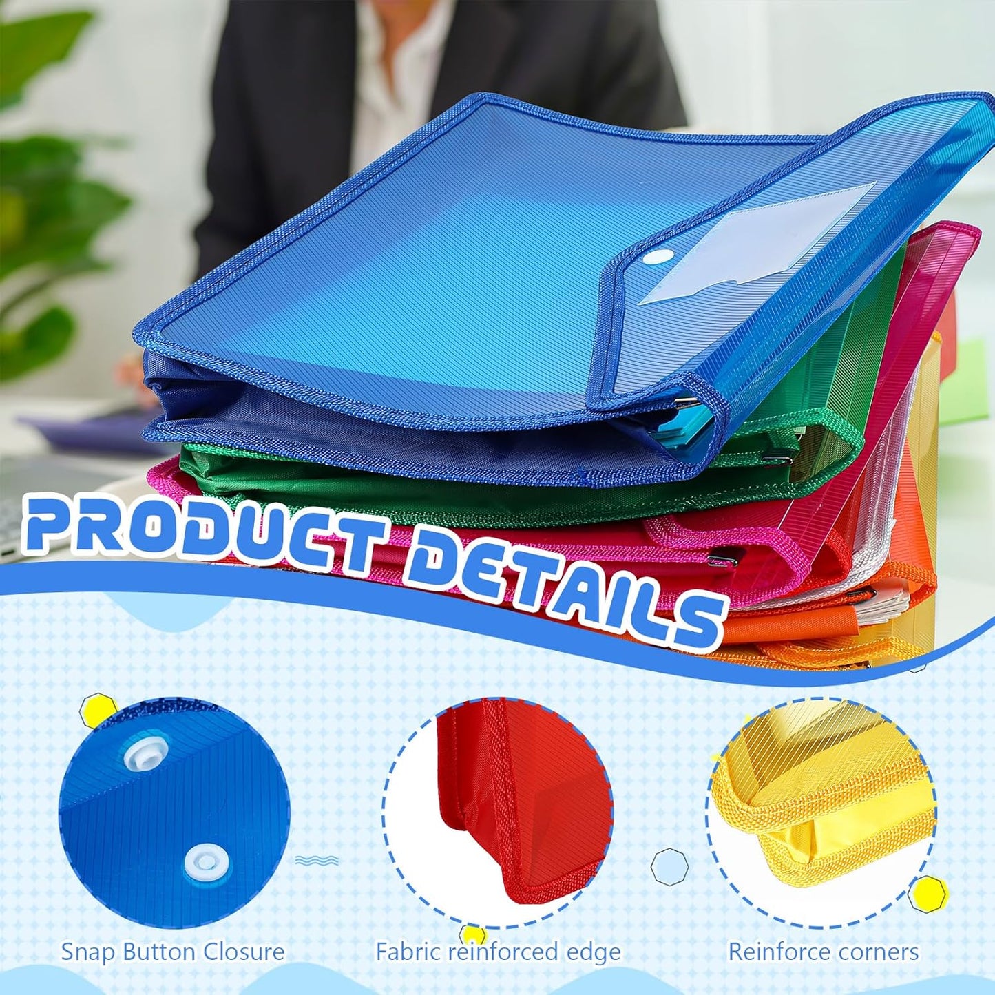 4 Pack A4 Expanding Plastic File Folders Waterproof Document Organizer with Snap Button Multiple Pockets, Office Home Office Storage (4 Color)