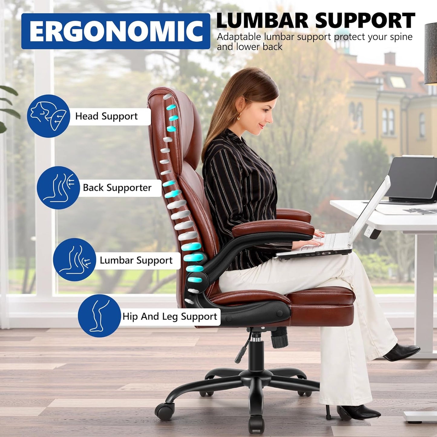 PU Leather Executive Office Chair, Ergonomic Mid-Back Computer & Gaming Chair with Adjustable Height, Rolling Swivel & Flip-Up Armrests, Comfy Padded Seat for Home Office-Brown