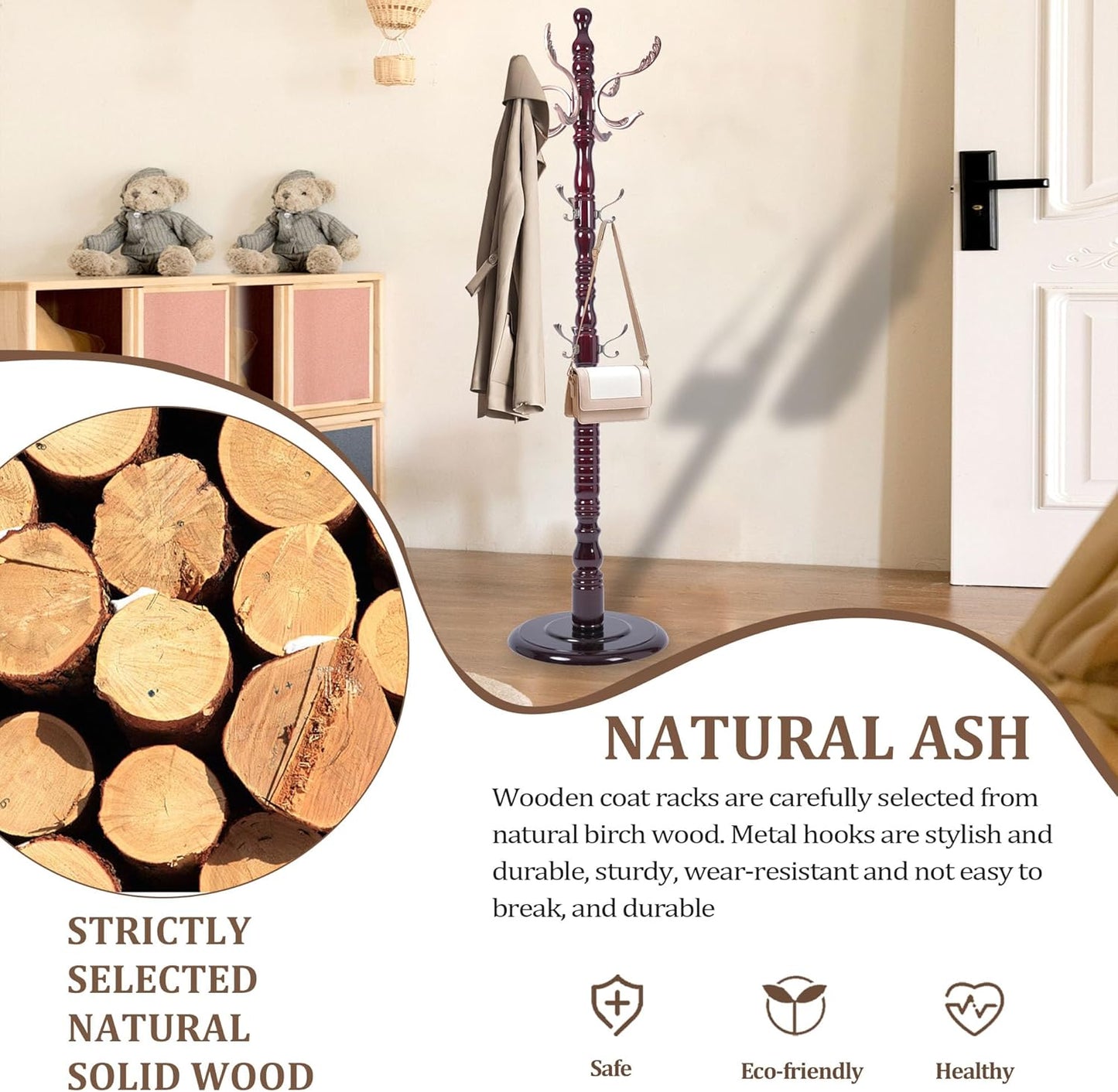 Wooden Coat Rack Free Standing 20 Metal Hooks, Vintage Coat Rack Stand for Entryway, Adjustable Height 73", Heavy Duty Coat Tree with Solid Round Base for Home Bedroom, Office(Walnut-m)