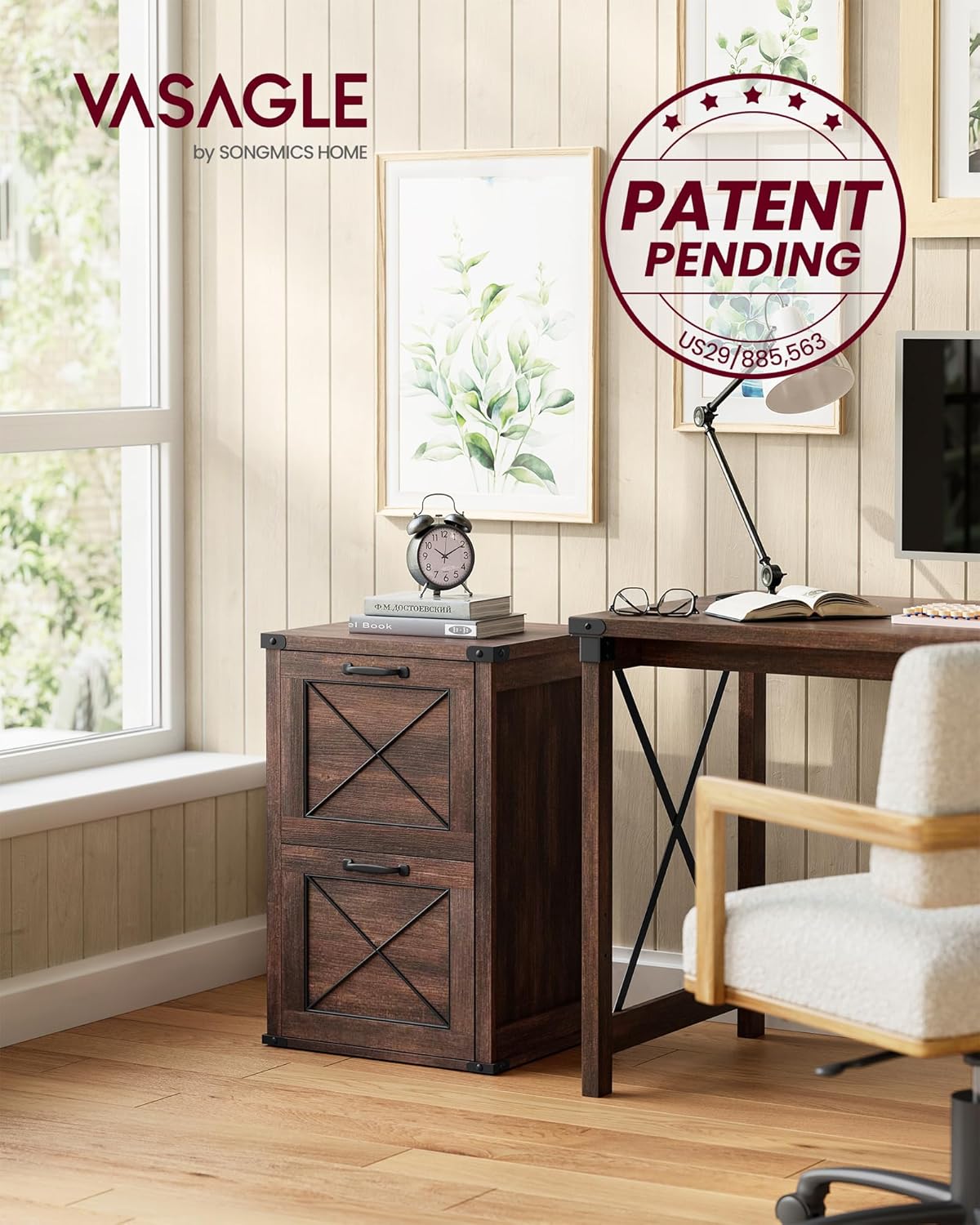 VASAGLE File Cabinet, Filing Cabinet with 2 File Drawers, Printer Stand, Fit A4, Letter Size, Hanging File Folders, Modern Farmhouse Style, for Home Office, Maroon Brown UOFC048K01