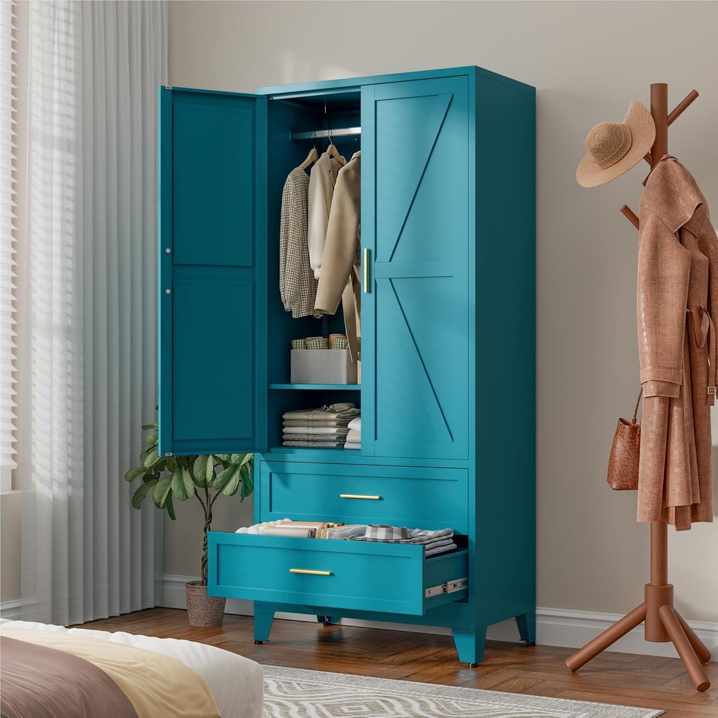 71" Tall Metal Wardrobe Cabinet with 2 Drawers and Hanging Rod, 2 Doors Armoire Wardrobe Closet with Shelf for Bedroom, Office, Laundry Room, Blue