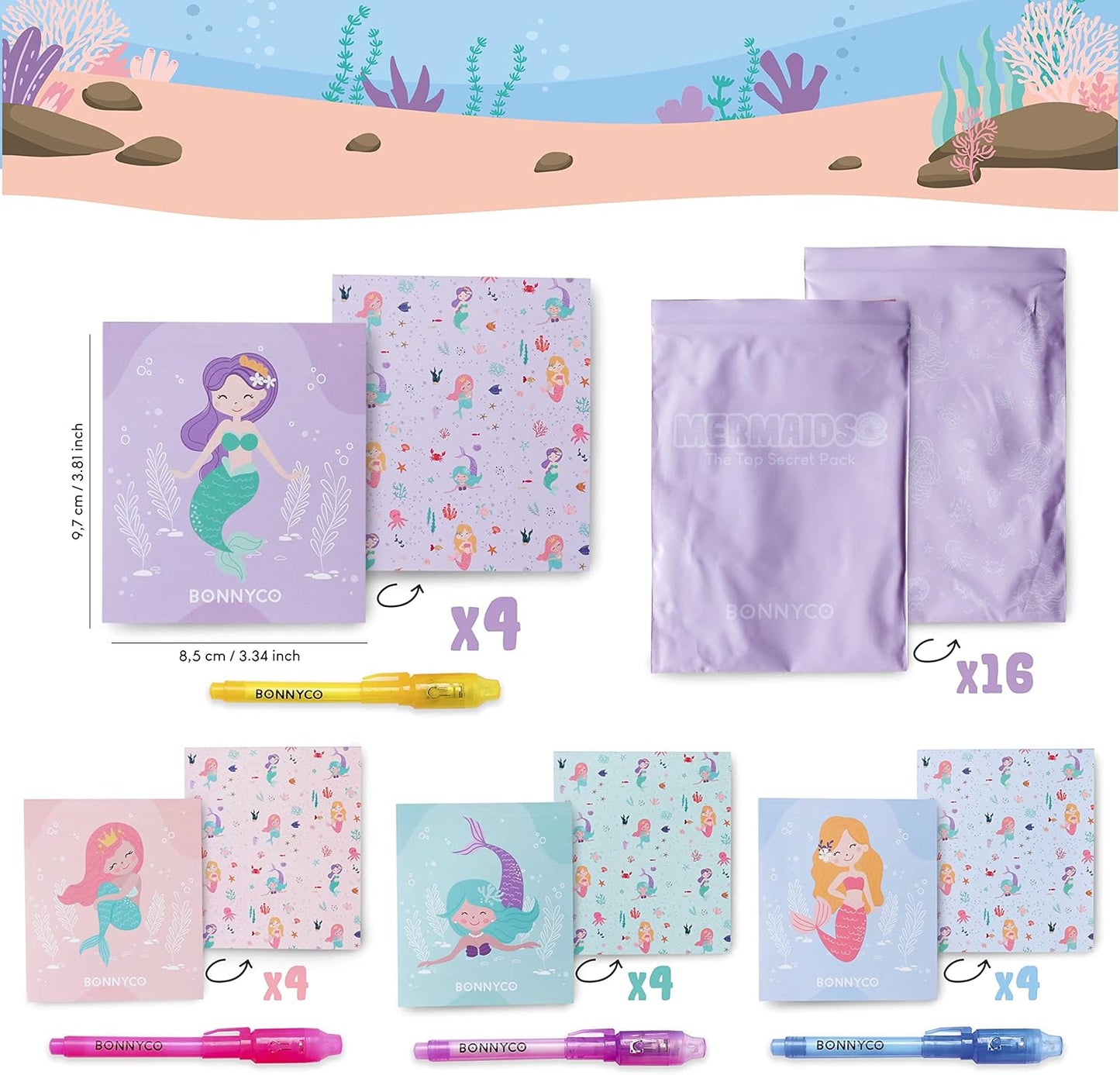 BONNYCO Invisible Ink Pen and Notebook Pack 16 Mermaid Party Favors for Kids, Magic Spy Pen Goodie Bags Stuffers for Kids, Mermaid Party Supplies, Goody Bag Stuffers | Return Gifts Birthday Prizes
