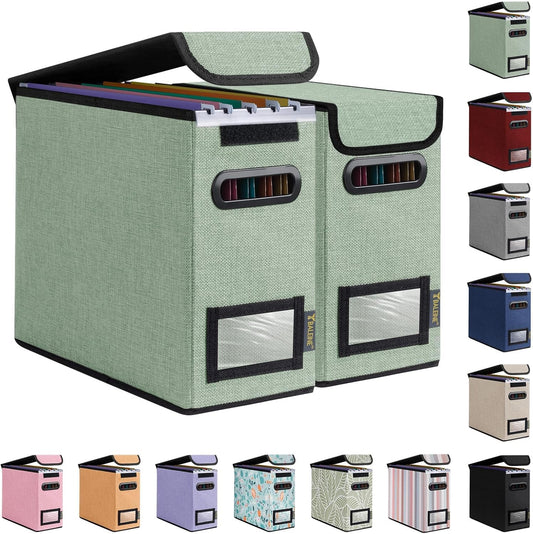 BALEINE File Organizer Box with Lid, Collapsible File Folder Organizer with Plastic Slide, Hanging File Folder Box for Office Document Storage (2 Pack, Green, S)