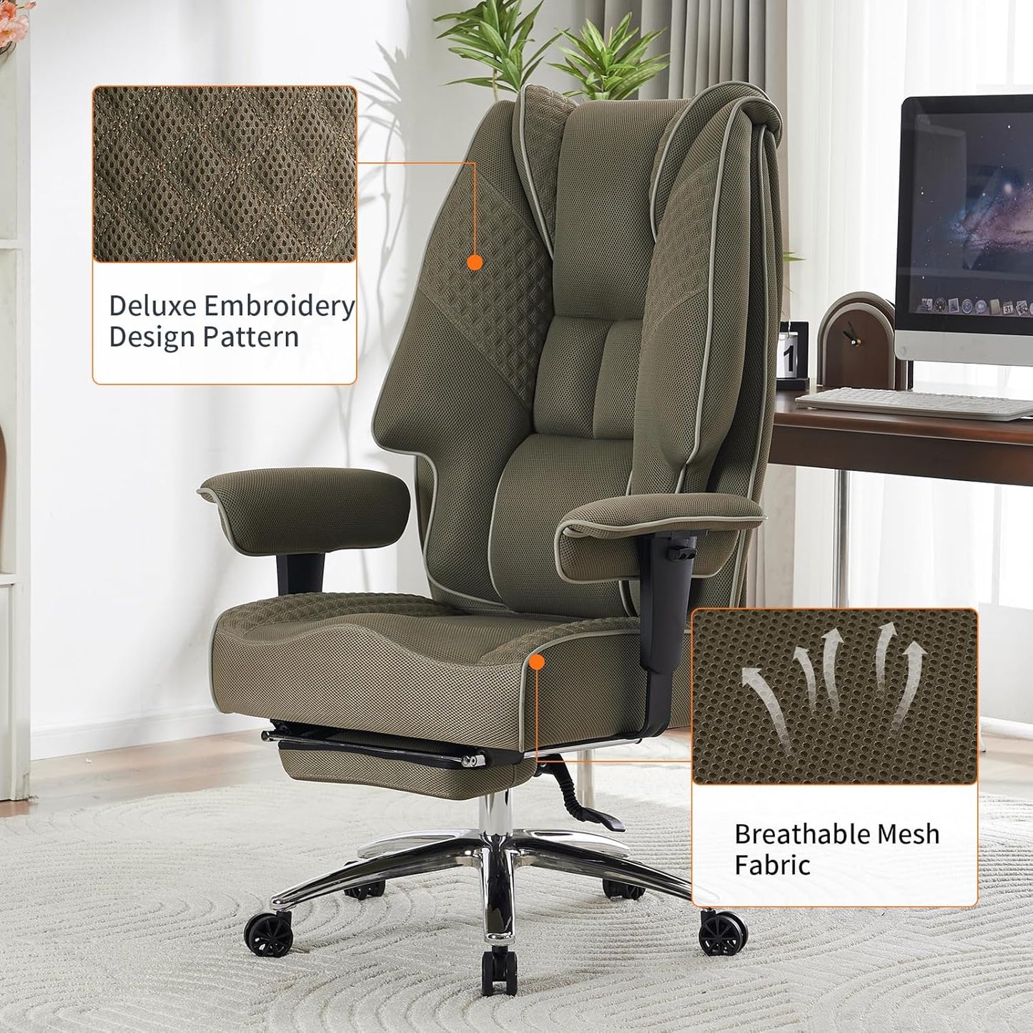 Big and Tall Office Chair 400lbs Wide Seat, Leather High Back Executive Office Chair with Foot Rest, Ergonomic Chairs Lumbar Support for Lower Back Pain Relief (Mesh Light Green)