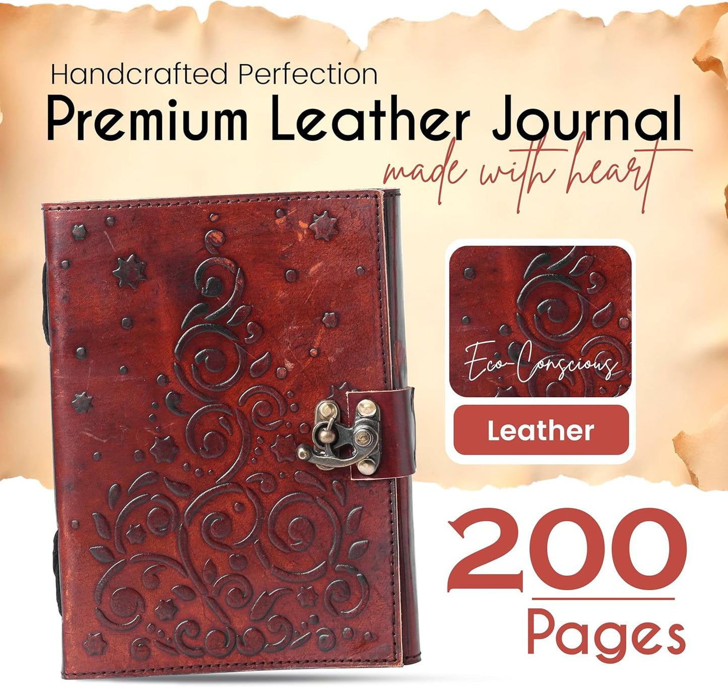 Vintage Brown Flower Embossed Leather Journal with Antique Clasp Lock – 200 White Page Deckle Edge Leather Bound Notebook – Notebook Journal for Writing, Drawing, Home, Office, Travelling