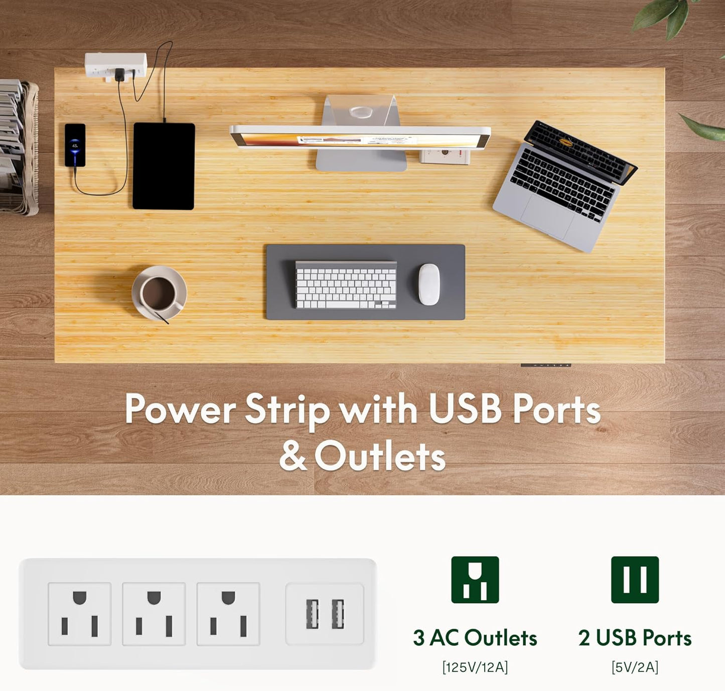 FLEXISPOT EN2 Whole-Piece Bamboo Standing Desk Clamp Power Strip, 55 x 28 Electric Stand Up Height Adjustable Desk with Cable Management (Grey Frame + 55" Bamboo Top, 2 Packages)