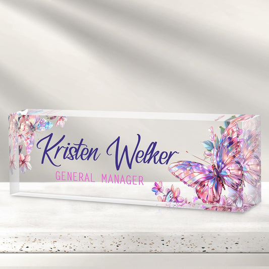 Personalized Name Plate for Desk - Custom Engraved Name Plates for Man - Boss Day Gifts for Boss - Acrylic Office Decor Appreciation Gifts for Teacher Nurse Coworker Social Worker (Butterfly)