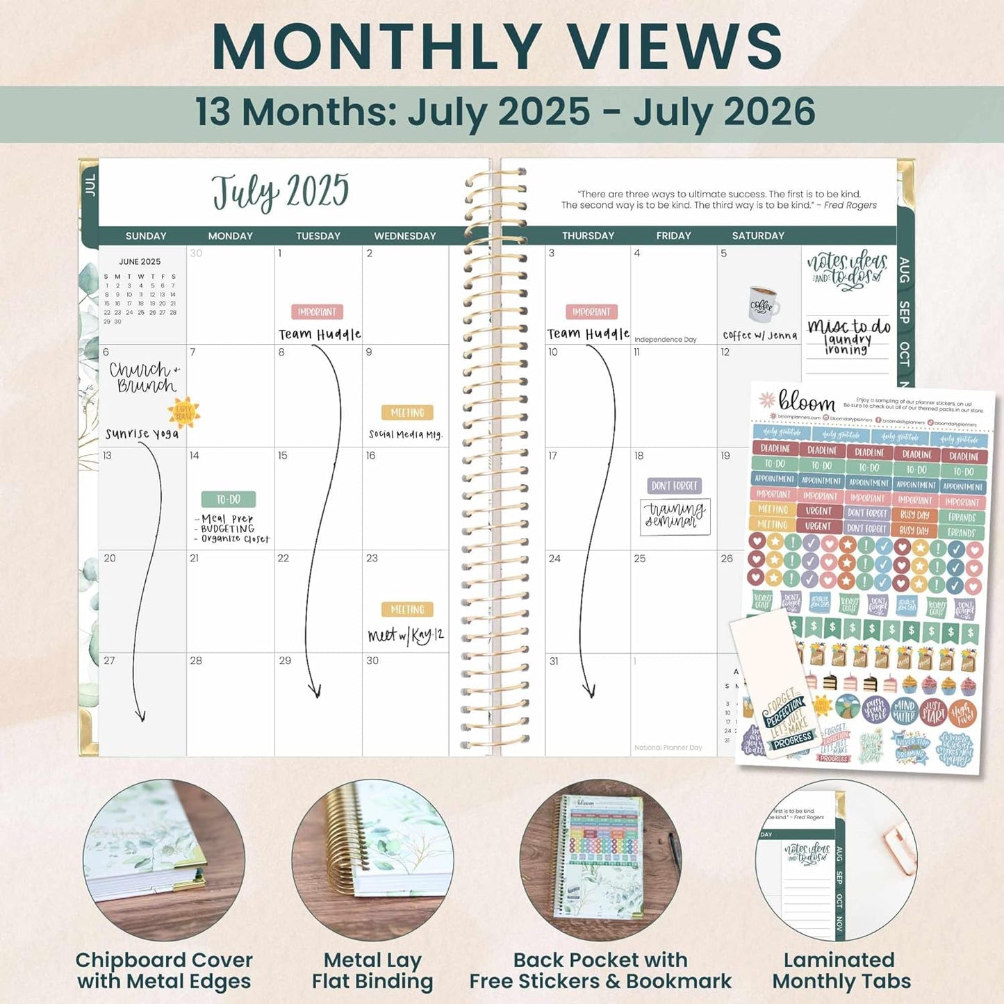 bloom daily planners HARDCOVER 2025-2026 Academic Year Day Planner (July 2025 - July 2026) - A5 Task Goal Organizer - Monthly & Weekly Inspirational Agenda Book - 5.5" x 8.25" - White Eucalyptus