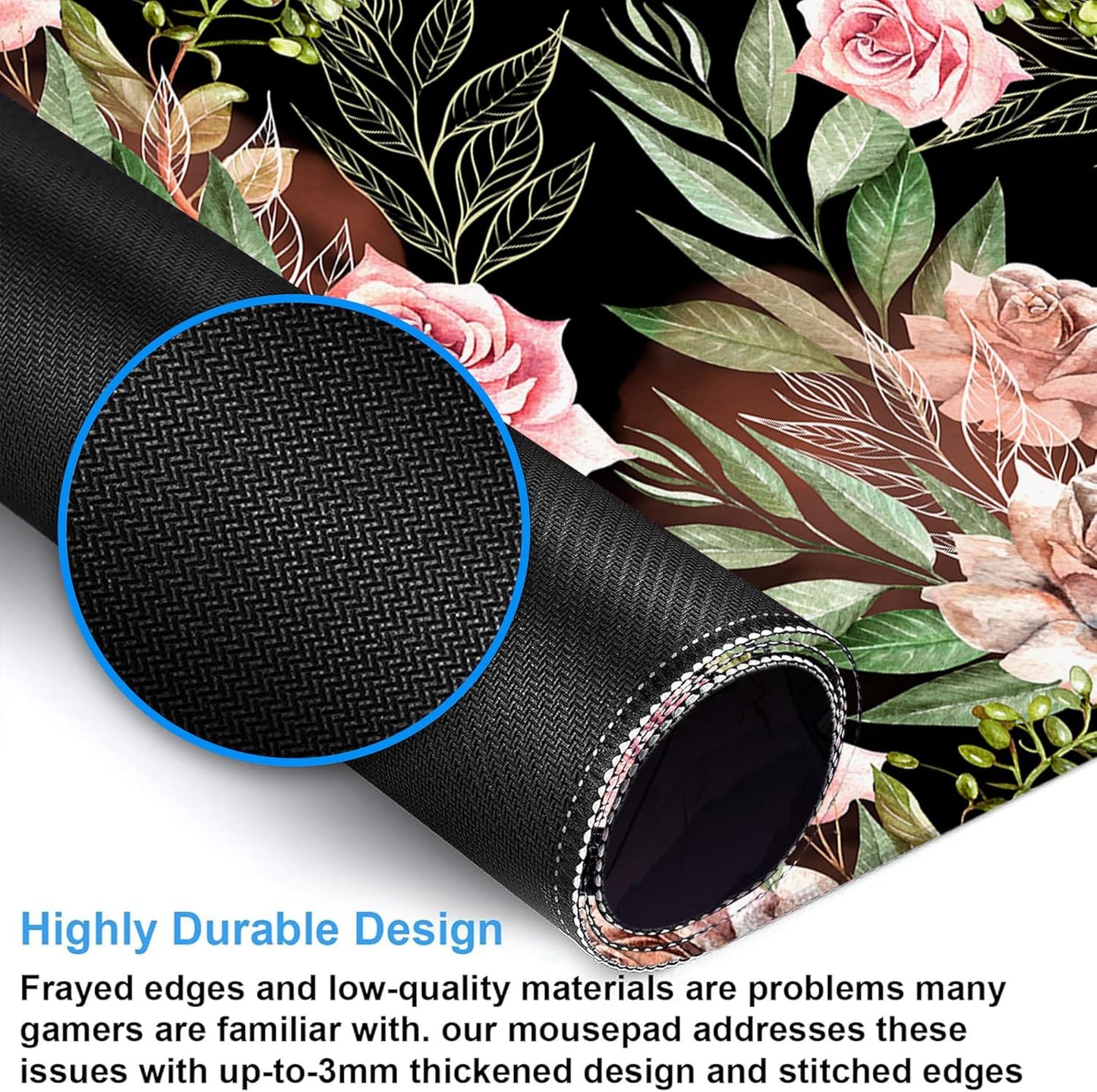 Desk Mat, Watercolor Rose Flowers Eucalyptus Leaves Large Gaming Mouse Pad with Non-Slip Base Stitched Edges,Desk pad for Keyboard and Mouse Home Office 35.4"x15.7"