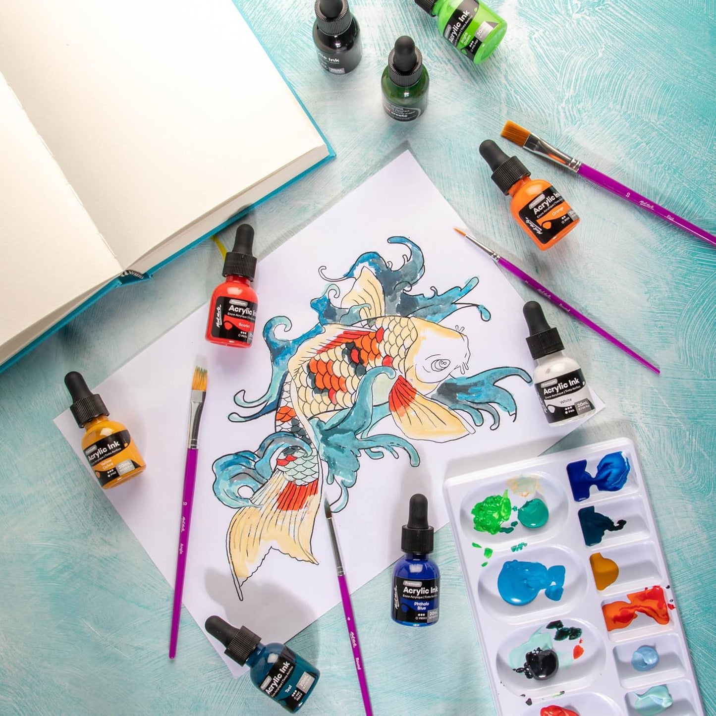 Mont Marte Acrylic Ink Premium 6pc x 20ml (0.7 US fl.oz), Acrylic Inks for Artists, Essential Colors, Ideal for Air Brush, Pouring Art, Scrapbooking, Ink Drawing, Mixed Media