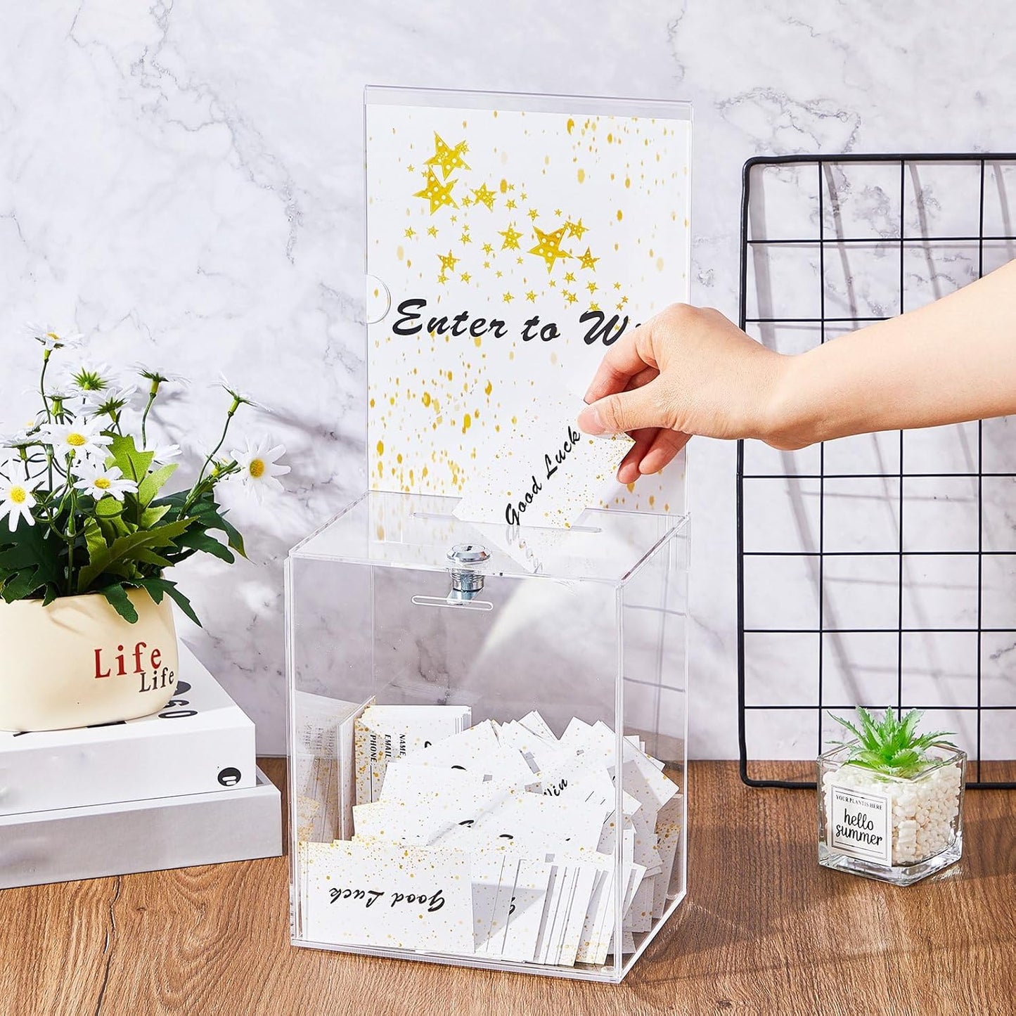 Teling 2 Pcs Tall Acrylic Donation Box with Lock and Sign Plate 6.7 x 5 x 8 Inches Safe Suggestion Box and 200 Pcs Raffle Tickets Cards for Voting, Charity, Collection Supplies(Clear)