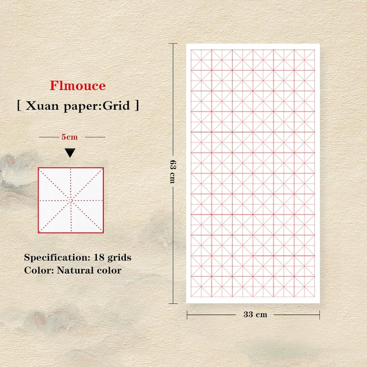 Chinese Calligraphy Paper with Grid, 100 Sheets, White Rice Paper for Brush Writing, Xuan Paper,Calligraphy Practice Paper for Beginners (White, Grid-5cm)