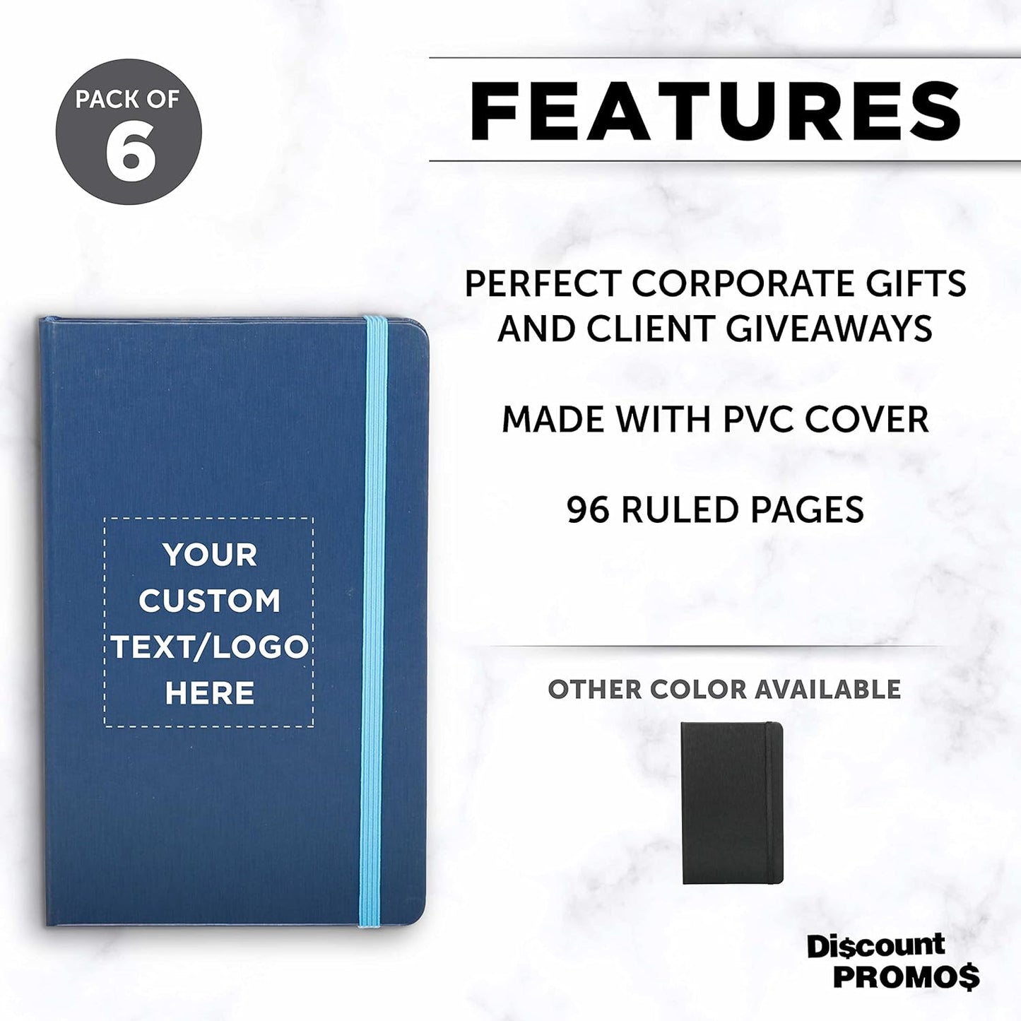 DISCOUNT PROMOS Custom Hardcover Notebook Journals with Elastic Colored Band Set of 6, Personalized Bulk Pack - Perfect for School, Office, Home - Blue