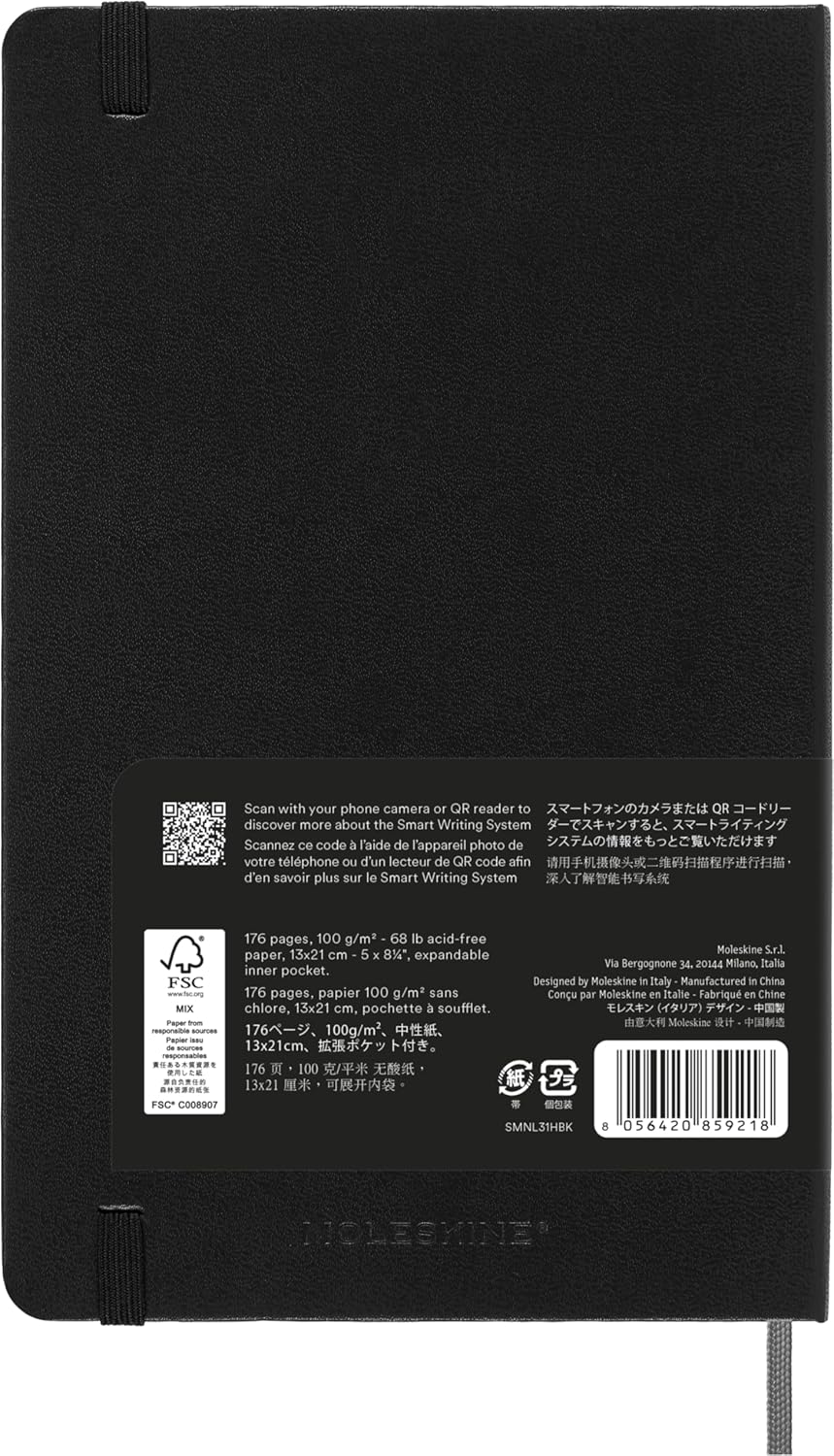 Moleskine Hard Cover Smart Notebook, Ruled/Lined, Large (5 x 8.25) Black