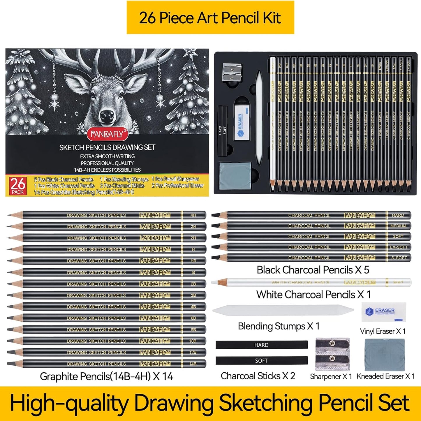 PANDAFLY 26-Piece Professional Sketch Pencil Set - Includes 4H to 14B Graphite Pencils, Charcoal Pencils, Charcoal Sticks, Vinyl Eraser, Kneaded Eraser, Sharpener, Blending Stump