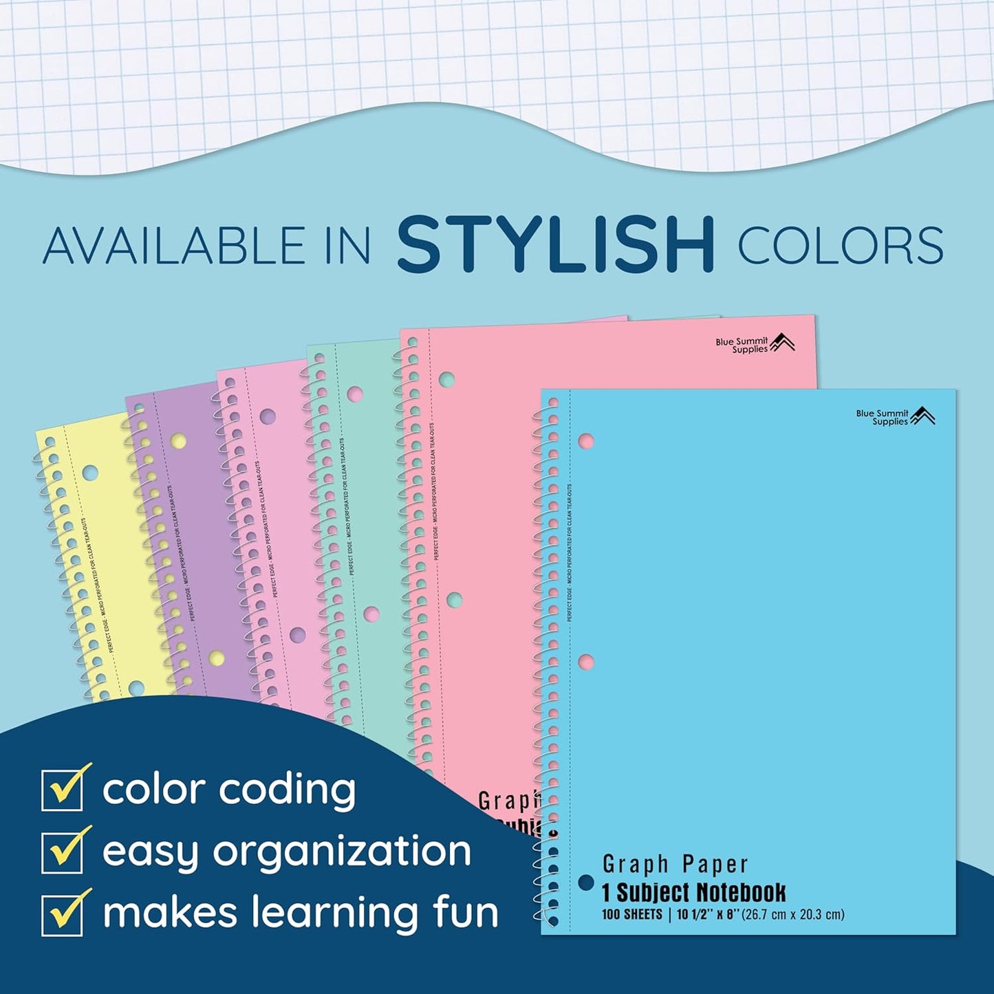 Blue Summit Pastel Graph Paper Spiral Notebook, Cute Spiral Graph 8x10.5, Square Grid Notebook for Math, College, Work, School, and Lab, Graphing Paper, 70 sheets, 12 Pack