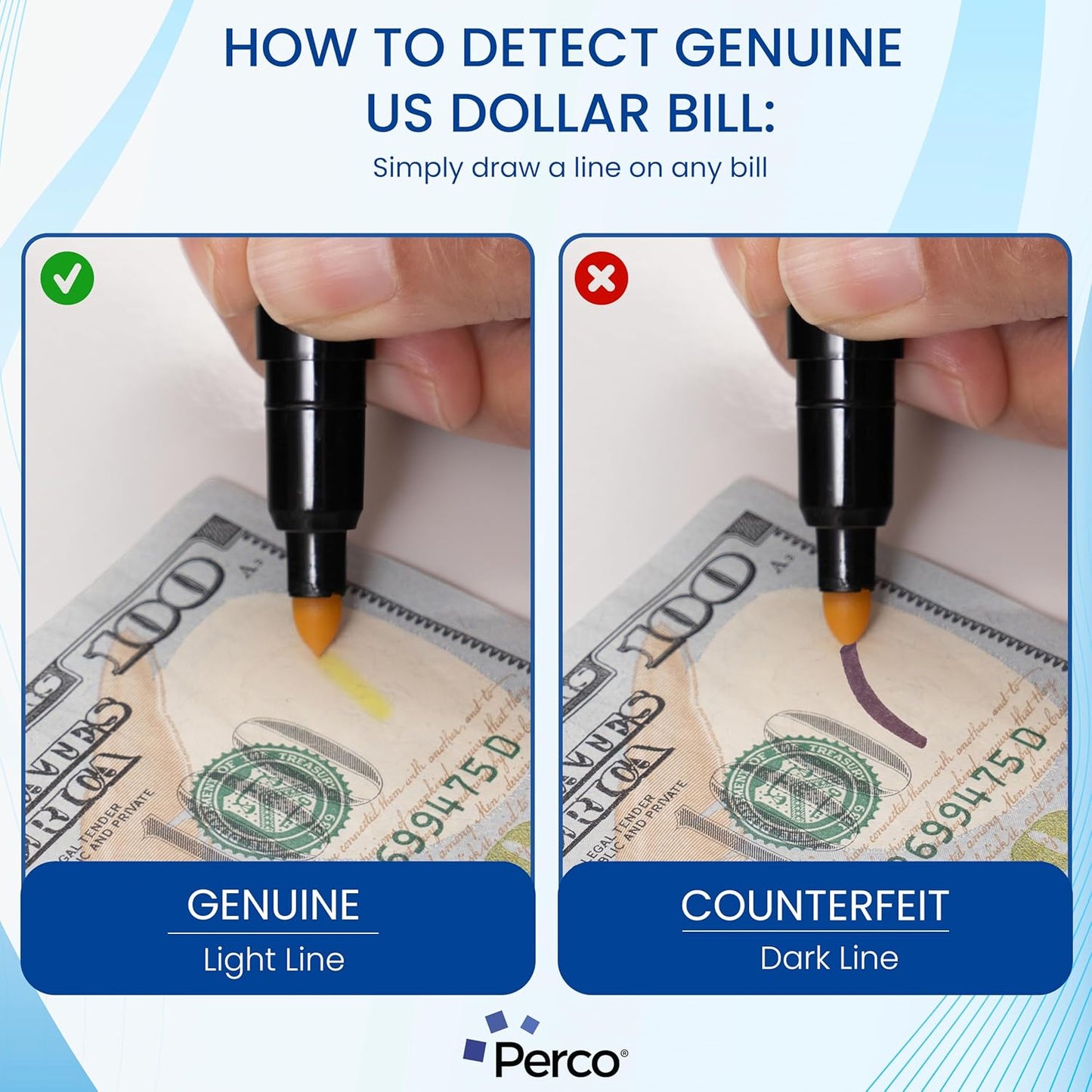 Perco Counterfeit Money Detector Pen (20 Pack) - Easy to Use and Reliable Universal Currency Fake Bill Checker for Personal & Commercial Use - Ensures Authenticity & Prevents Fraud